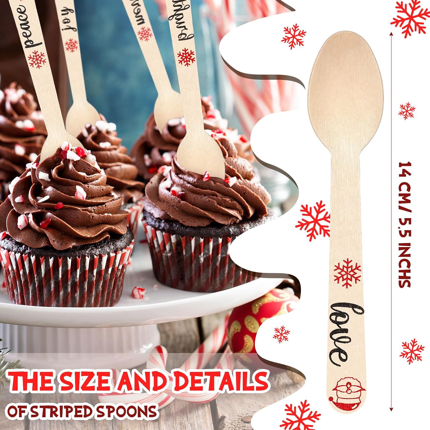 Hoolerry 300 Pcs Disposable Wooden Spoons 5.5 Inch, Christmas Spoons Hot Chocolate Spoons for Tasting Hot Cocoa Coffee Candy Baking Ice Cream Cake Party Supplies (Vintage Style)