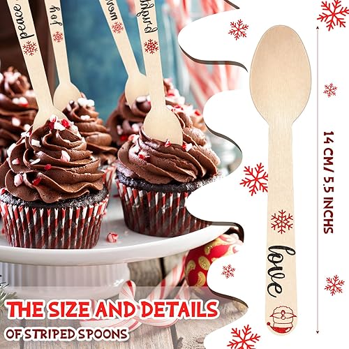 Miniatura 8 de Hoolerry 300 cucharas de madera desechables de Navidad, cucharas de chocolate caliente a rayas, bastón de caramelo a rayas para degustar cacao