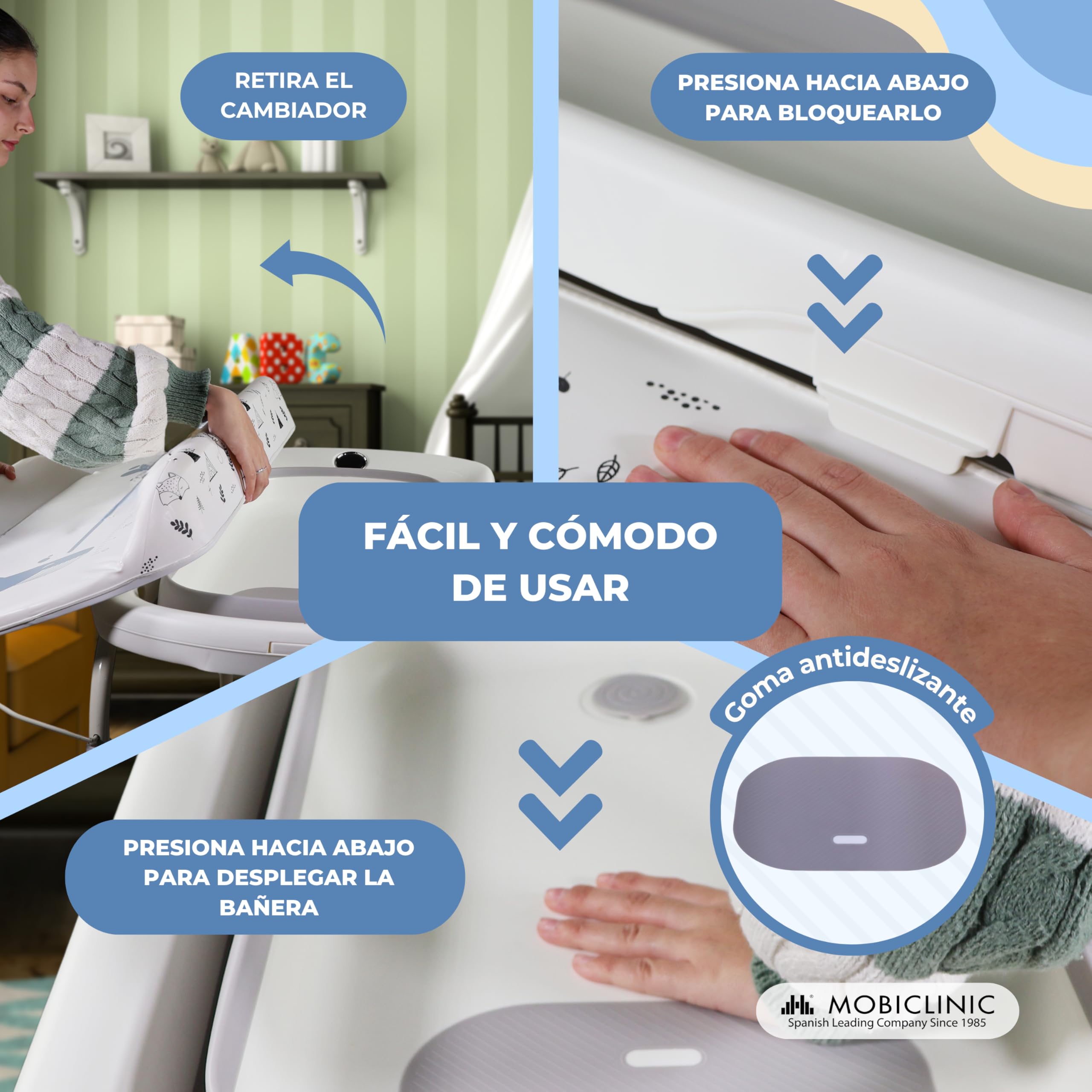 Mobiclinic®, Cambiador de bebés con bañera 2 en 1, Trendy, Ajustable 4 alturas, Termómetro, Ruedas freno, Cesta almacenamiento, Hasta 50 kg, Tubo desagüe, 0-36 meses