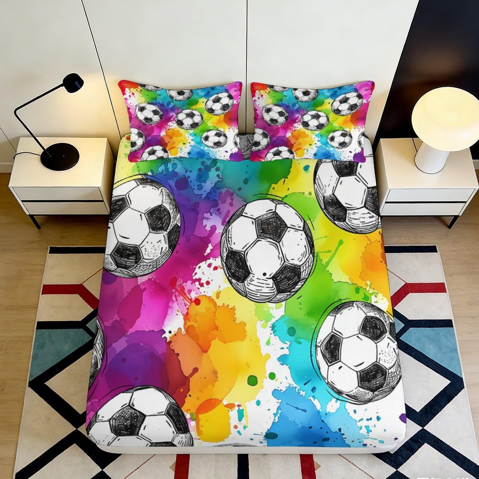3D Printed Colourful Soccer Fitted Sheet Microfiber Deep Pocket Non-Slip Bedroom Bedding Soccer Mattress Fitted Cover for Adults Teens 90x200x25cm