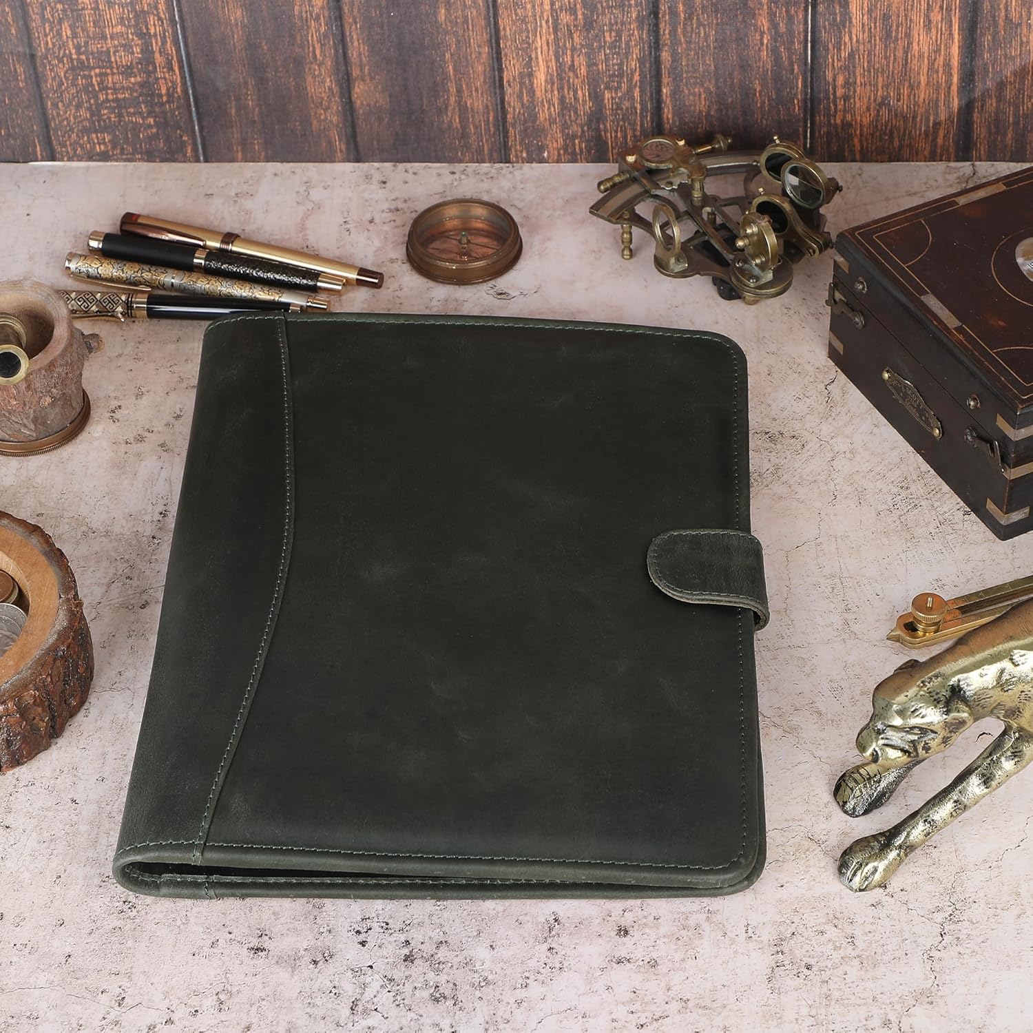 Leather Padfolio Legal Pad Organizer – Handmade Executive Notebook Binder – Full Grain Cowhide Resume Portfolio for Men & Women – Vintage Green Legal Pad Holder 13x10 Inches