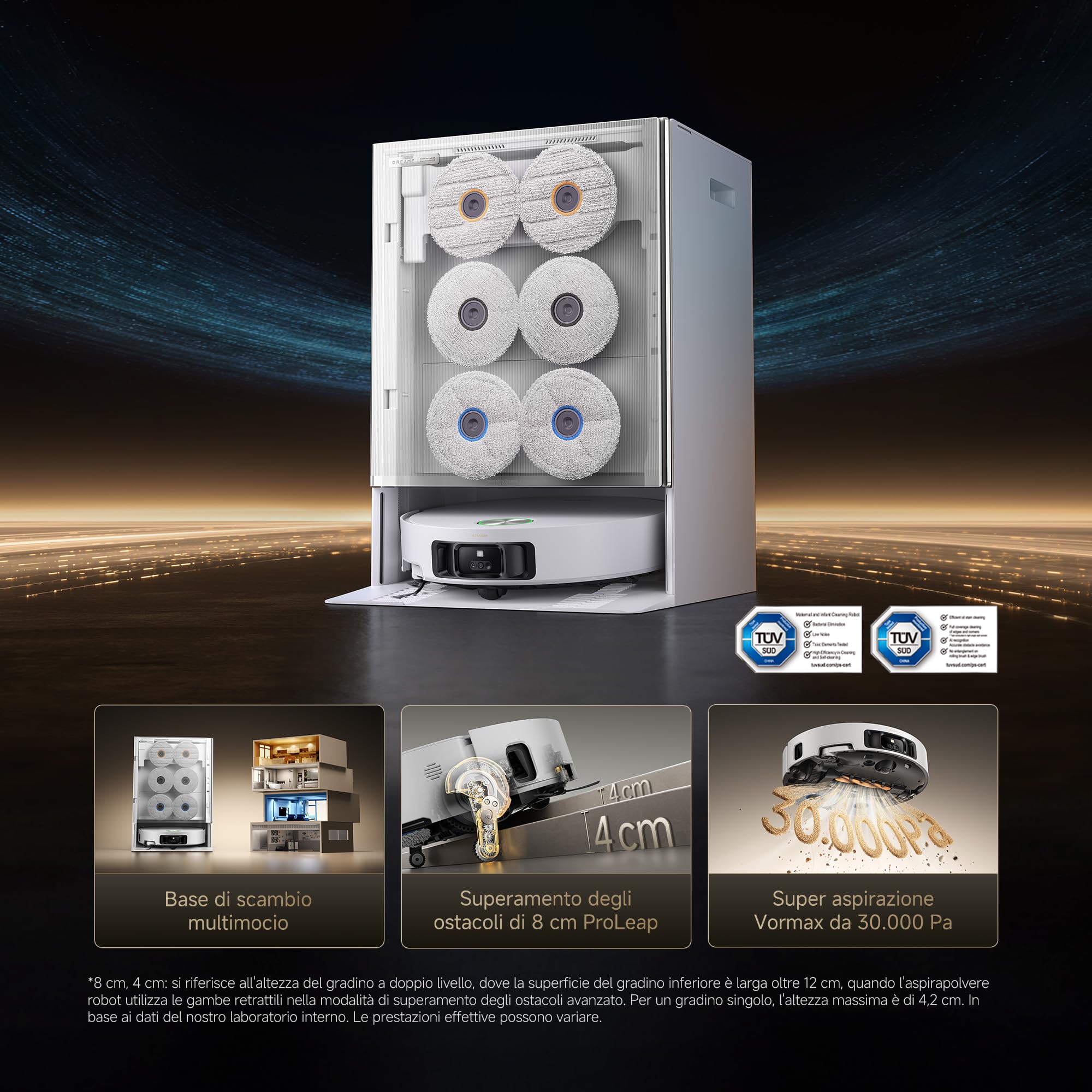 DREAME Matrix10 Ultra Robot Aspirapolvere e Lavapavimenti, Superamento Ostacoli 8 cm, Aspirazione 30.000Pa, Auto-svuot/Riemp, Autopulizia Moci, 0 Grovigli, Rileva 240+ Ostacoli, Controllo Vocale