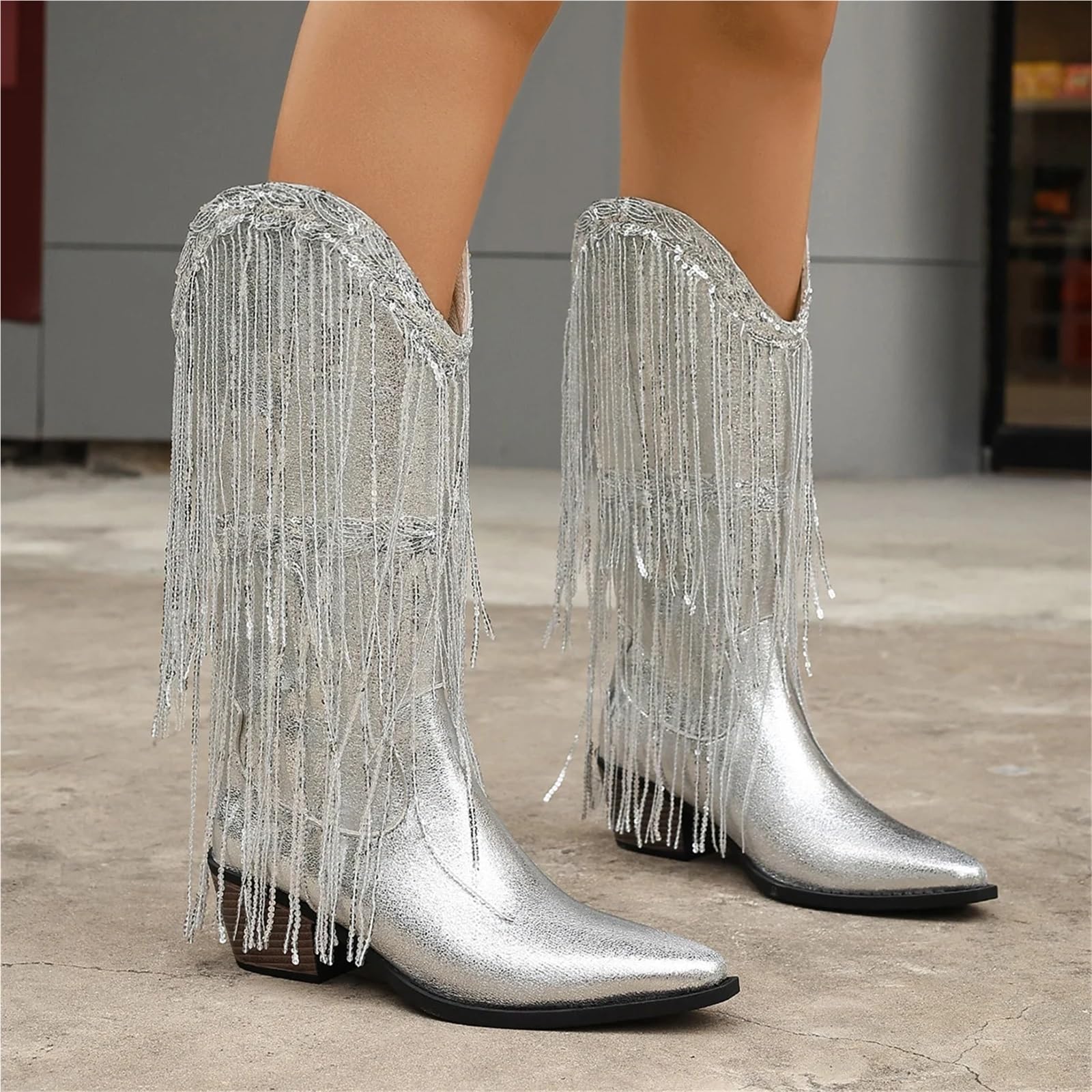 Stivali Texani Donna Stivali da cowboy argento scintillanti con nappe lunghe, punta western, stile motociclista tacco basso grosso