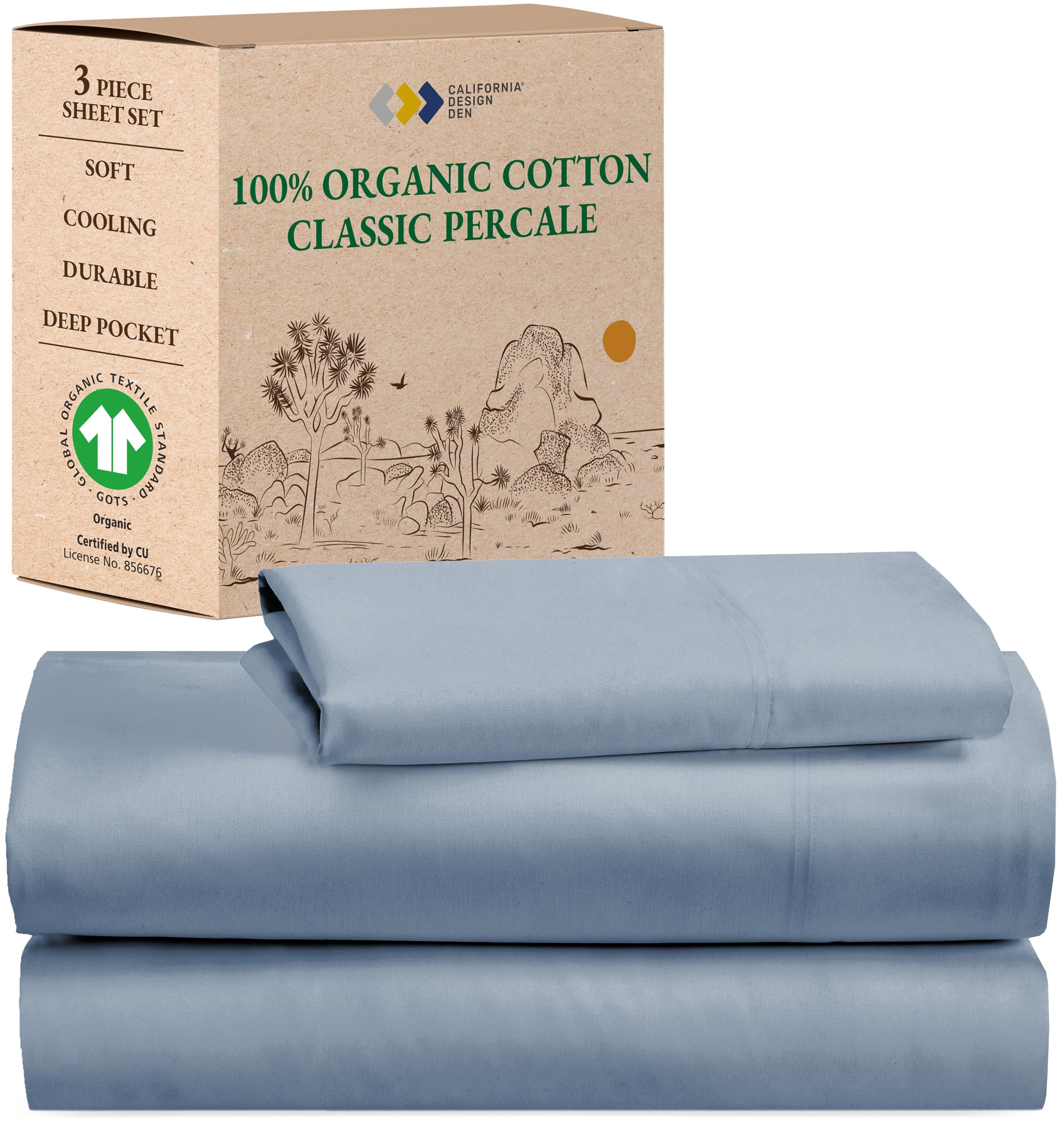 california design den twin size sheets set - soft 100 organic cotton sheets with deep pockets crisp percale breathable and durable bedding set - blue hydrangea