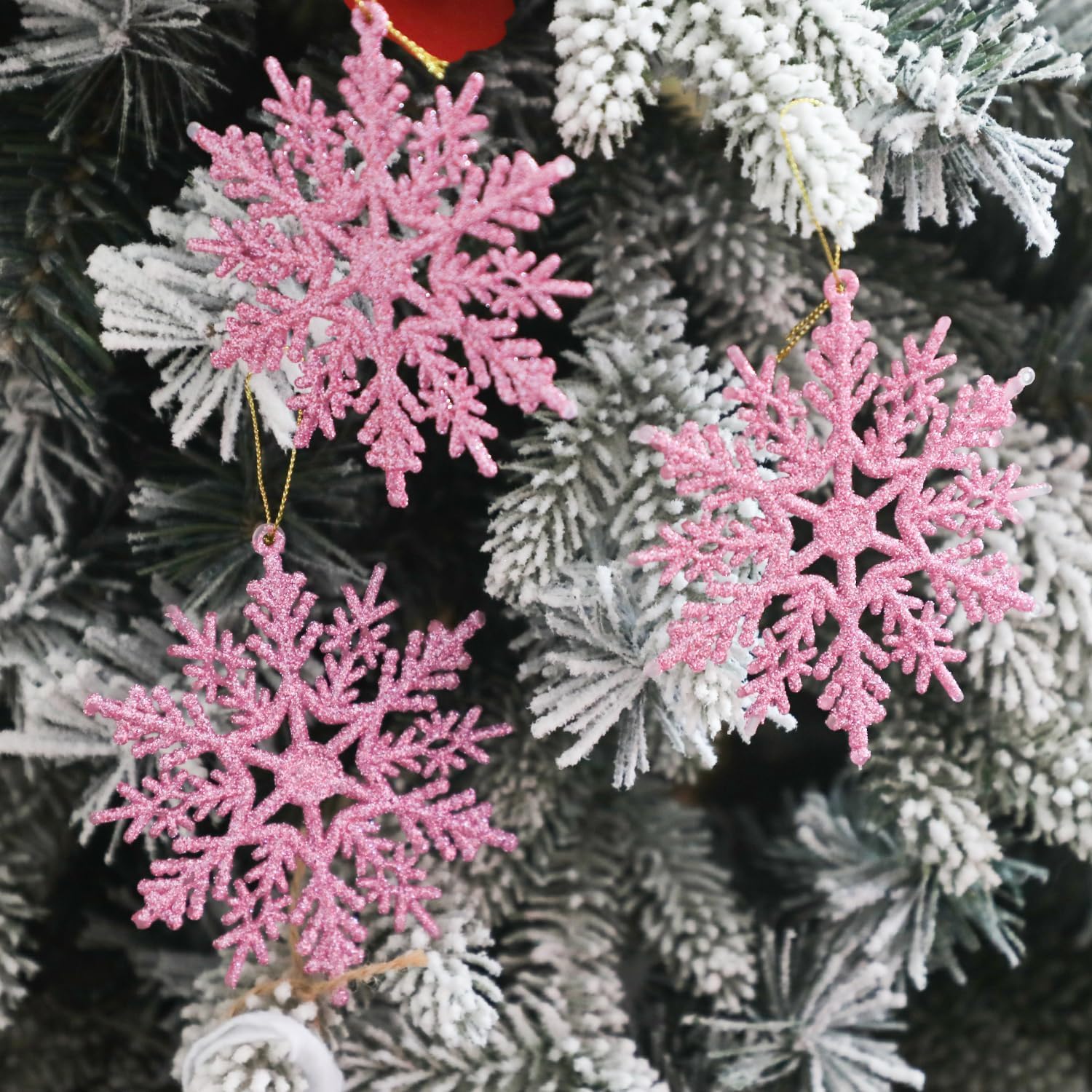 SULOLI 12 Piezas Decoración de Copos de Nieve，Adornos de Copo de Nieve con Purpurina,Colgante de Copo de Nieve，Decoraciones Utilizadas para Colgar en el Àrbol de Navidad, Hogar, Empresa（Rosado）