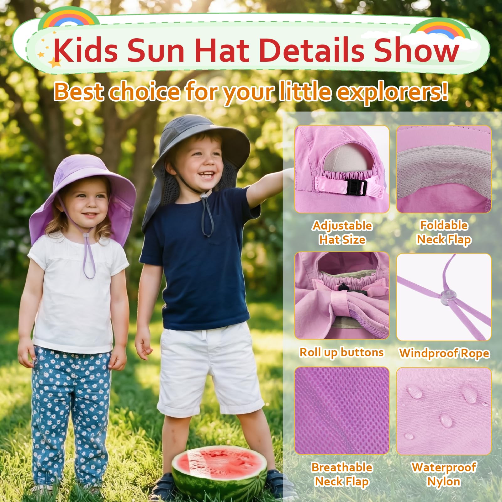scenicamp 2 Pack Kids Sun Hat with Neck Flap, UV Protection 50+ Wide Brim Summer Beach Hat for Toddler Boys Girls - 3