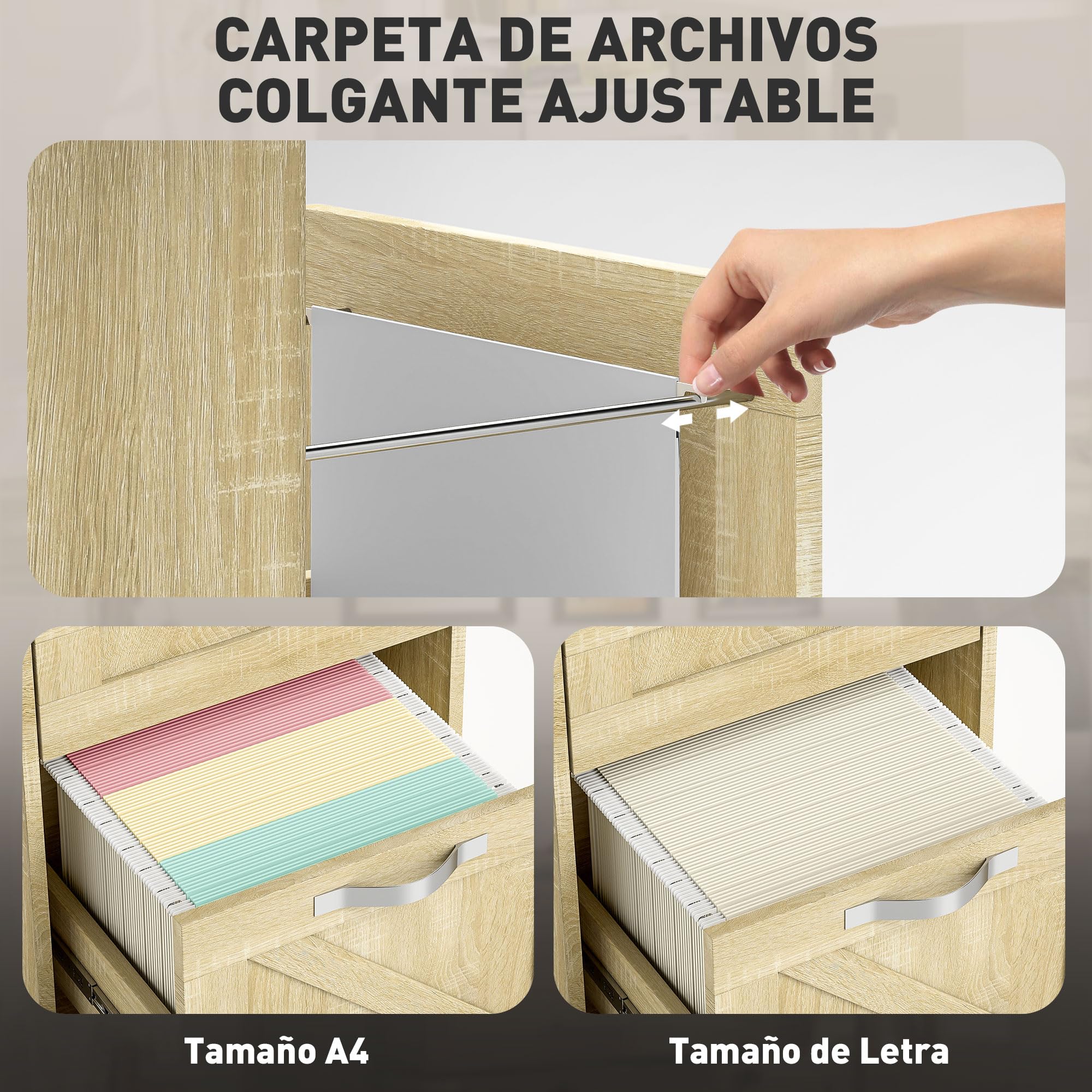 Vinsetto Cajonera de Oficina con 2 Cajones Cajonera con Ruedas Mueble Archivador Móvil con Cerradura y Carpetas Colgantes para Tamaño A4 41x42x56 cm Natural