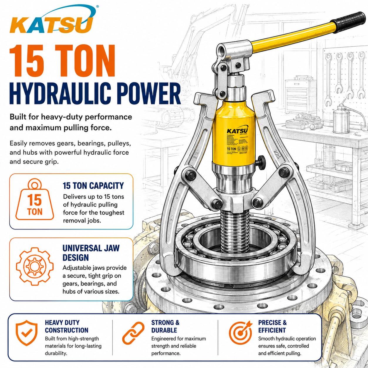 KATSU Extractor Hidráulico de Engranajes 15 Ton, Unidad Integral 3 Mordazas Polea de Prensa Hidráulica Manual Rodamientos de Rueda Motor Cubo Separador 450572