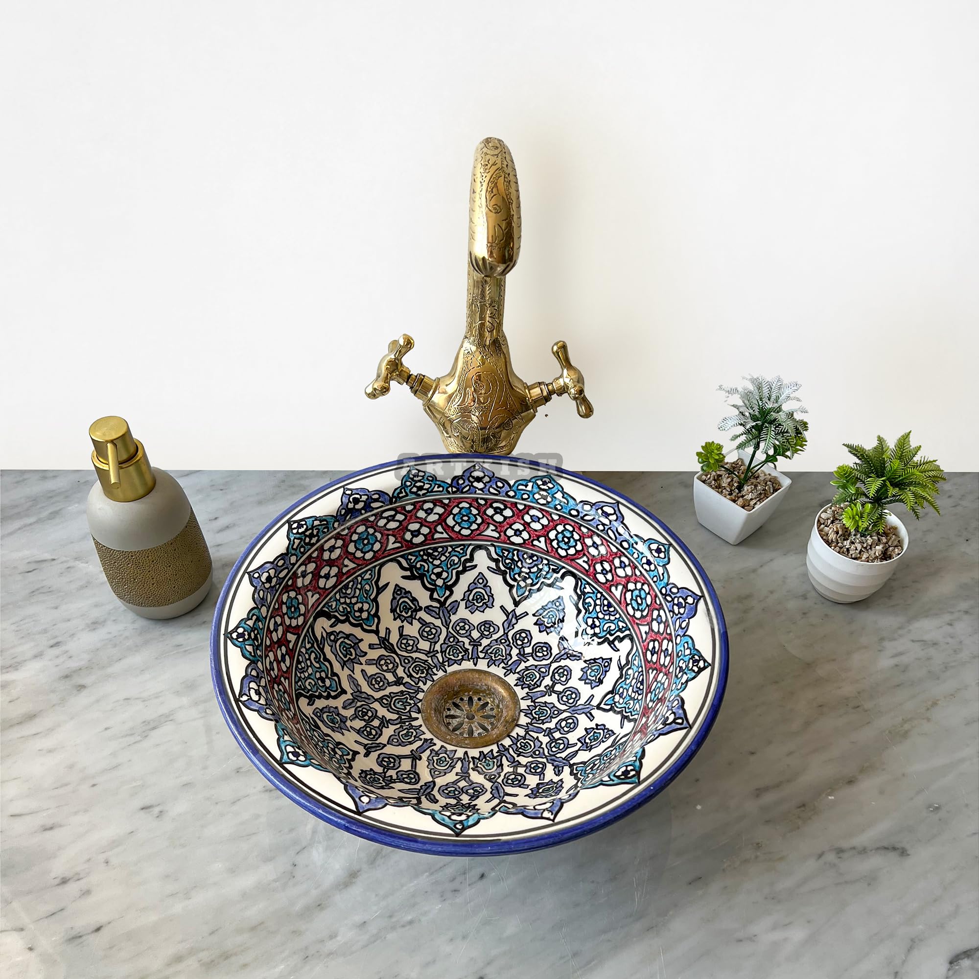 Ceramic Hand-Painted Bathroom Sink Countertop - Mid Century Modern Moroccan Vessel Basin Bowl for Restroom - Hand Painted Pottery Farmhouse Sink with Pop Up Drain. (8 inches)