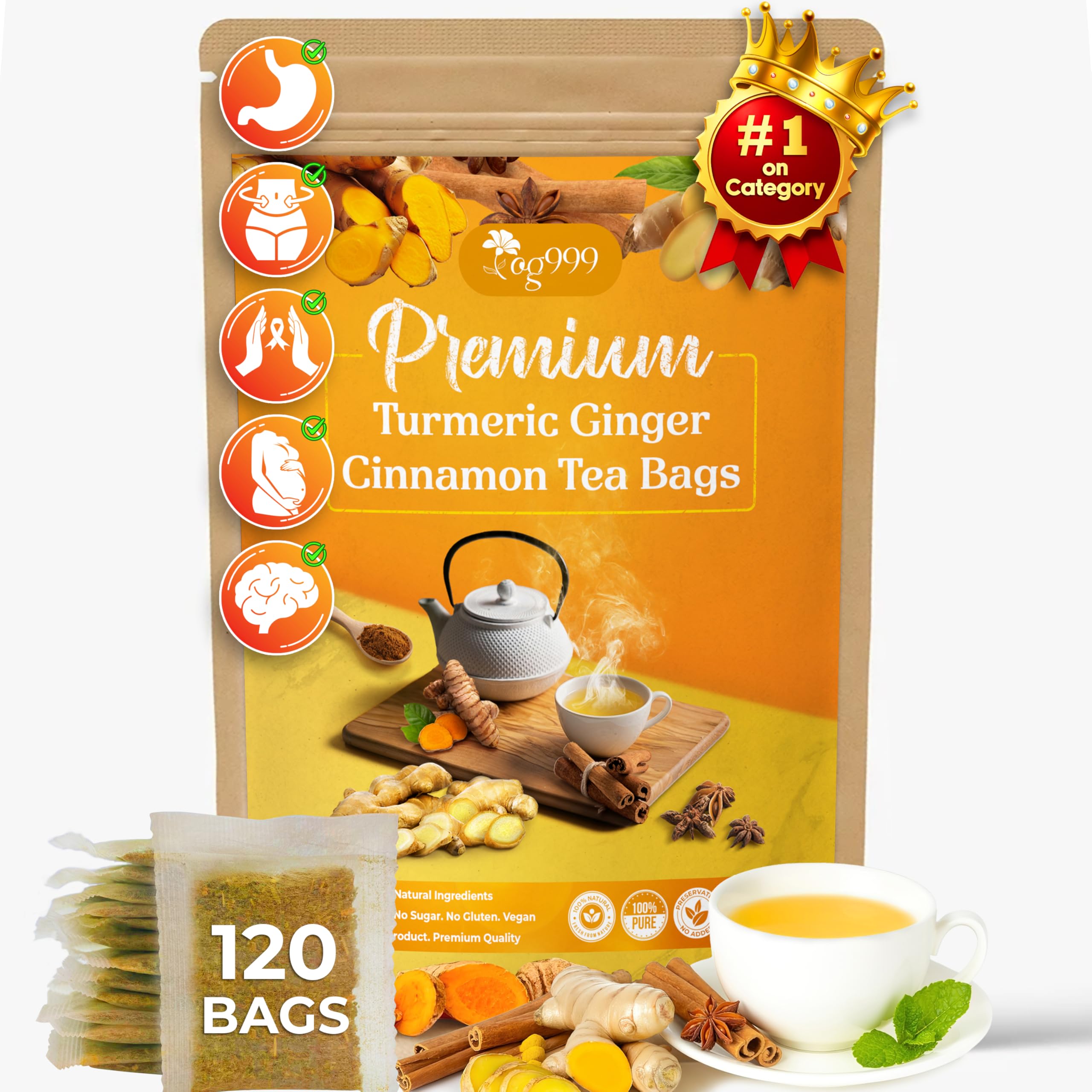 120 Bags Premium Turmeric Ginger Cinnamon Tea, Improve Digestion, Support Brain, Weight, Skin and Sleep, Eco-Conscious Tea Bags and Premium Natural Ingredients. Turmeric Ginger Herbal Tea. No Sugar, No Caffeine, No Gluten, Vegan.