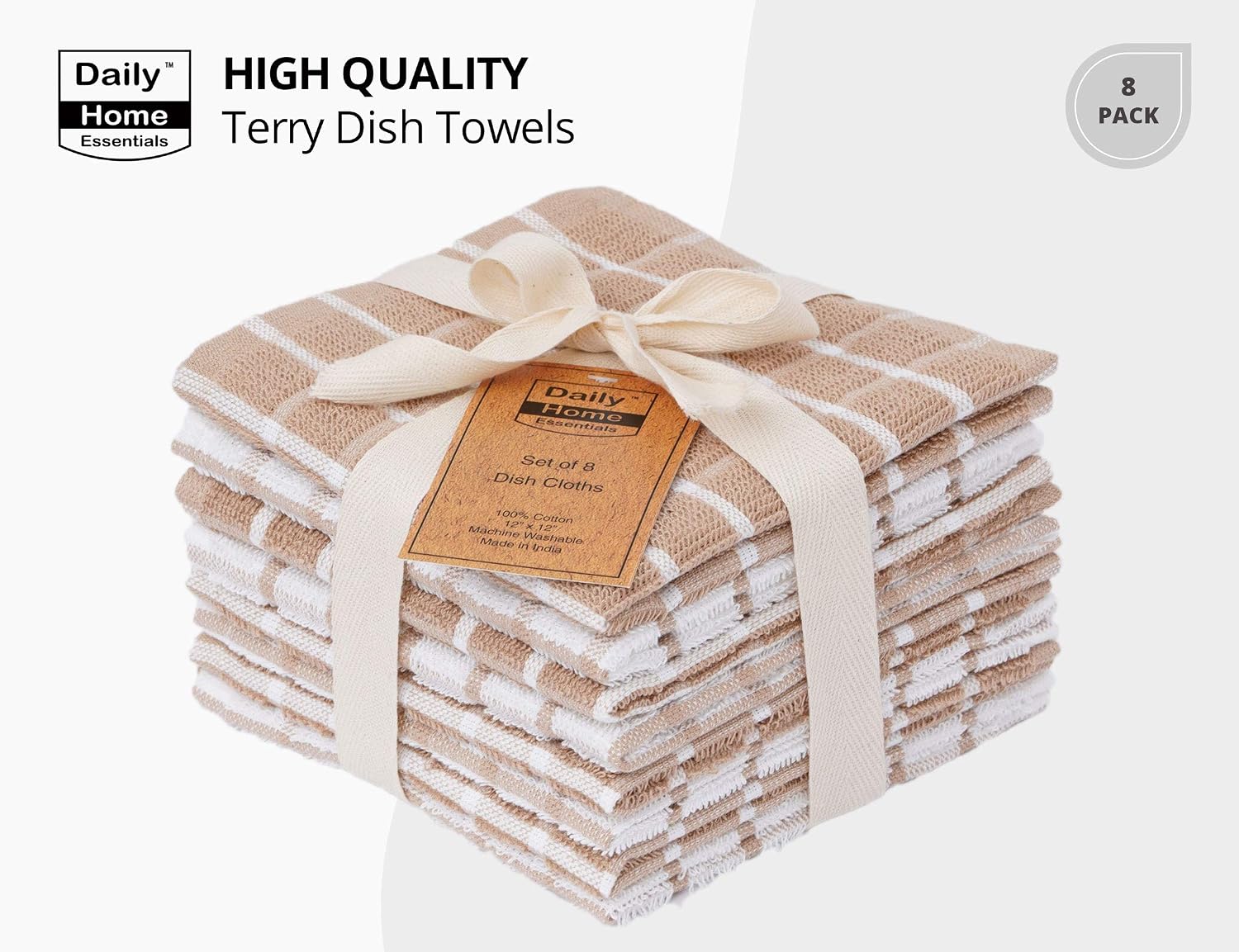 DAILY HOME ESSENTIALS - 8 Pack Cotton Terry Dish Cloth Set (12 x 12 inch - Beige, Checked Design) | Quick Dry Kitchen Rag | Absorbent Cafe, Bar & Restaurant Cleaning WashCloth.