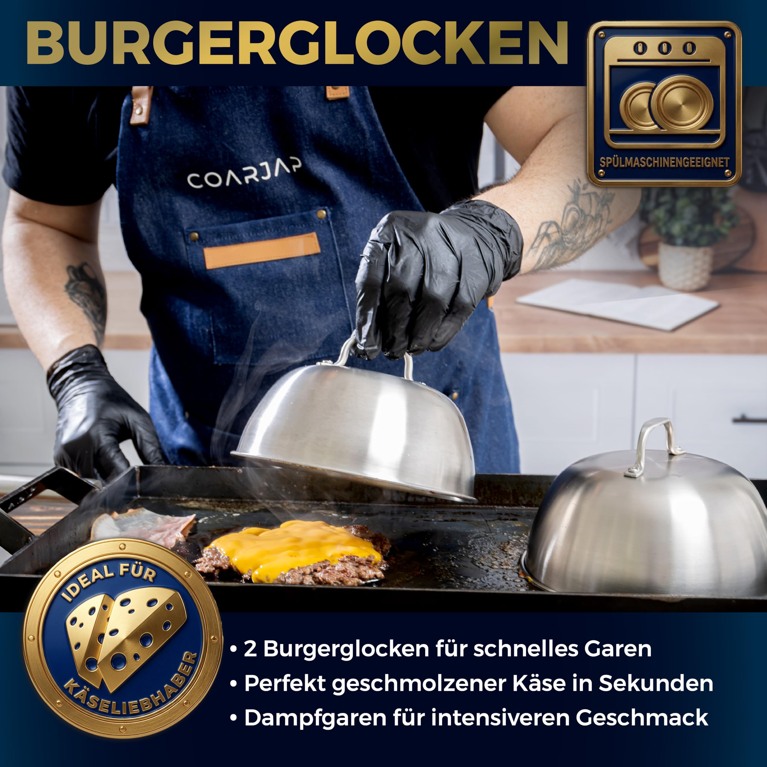 Smash Burgerpresse Set Premium - 7-teilig - Burger Smasher Set Grill aus Edelstahl 304-2 Burgerglocken, Grillspachtel Set, Gewürzstreuer + 60 Antihaftpapier - Grill Zubehör Burger
