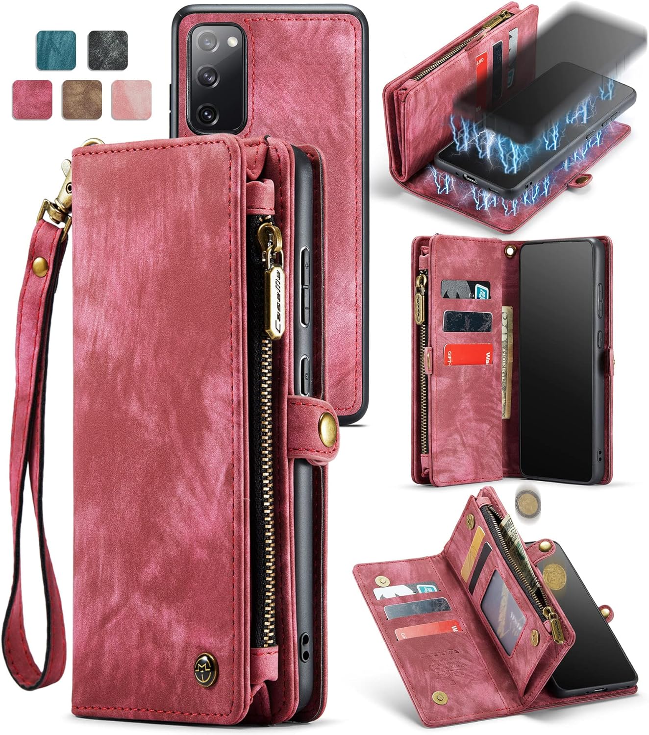 Galaxy S20 Case, Genuine Leather Wallet Detachable Magnetic Cell Phone Cover Zipper Purse RFID Blocking Card Slot Holster for Samsung Galaxy S20 (Red, S20)