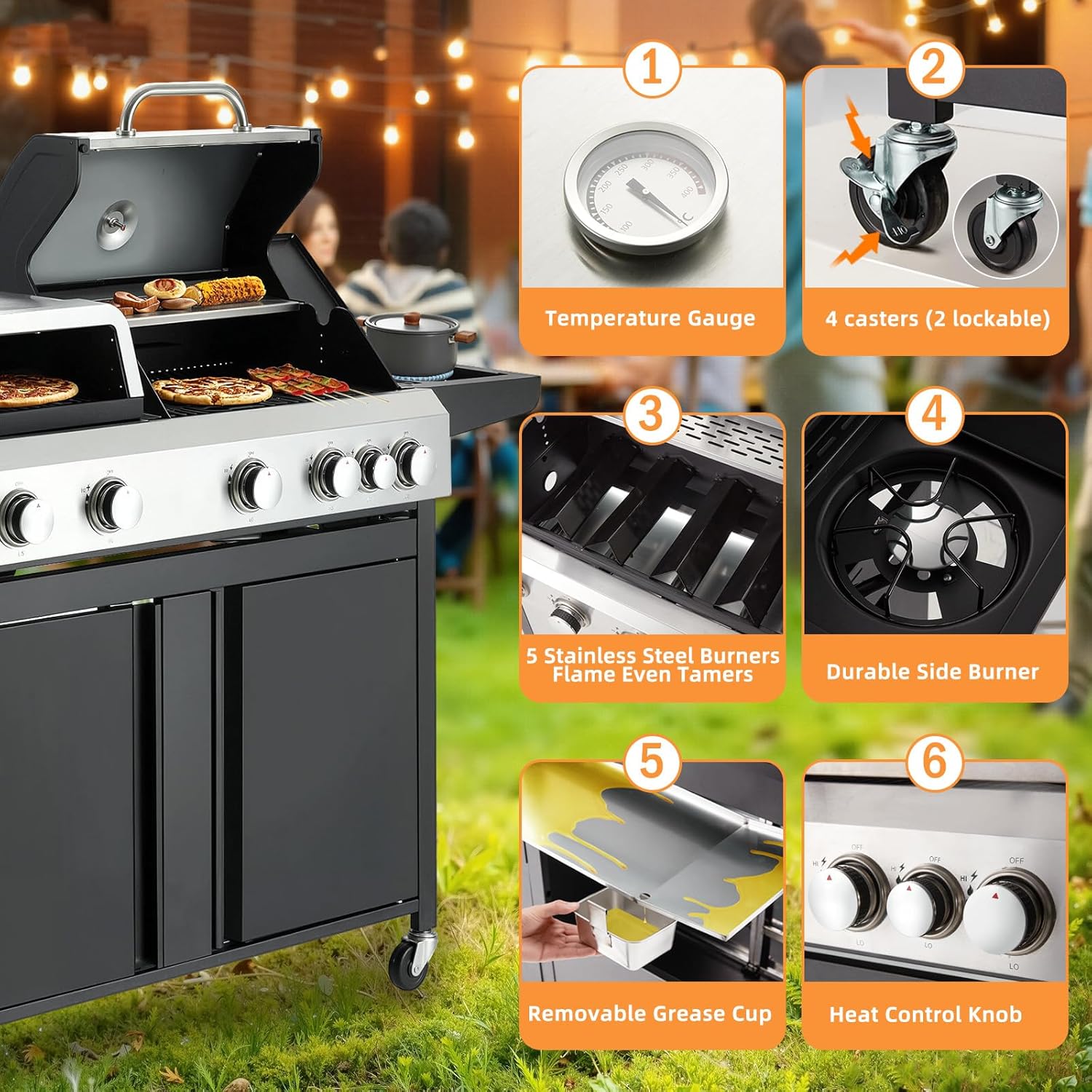 Detailed view of grill components including thermometer, casters, burners, grease cup, and control knobs