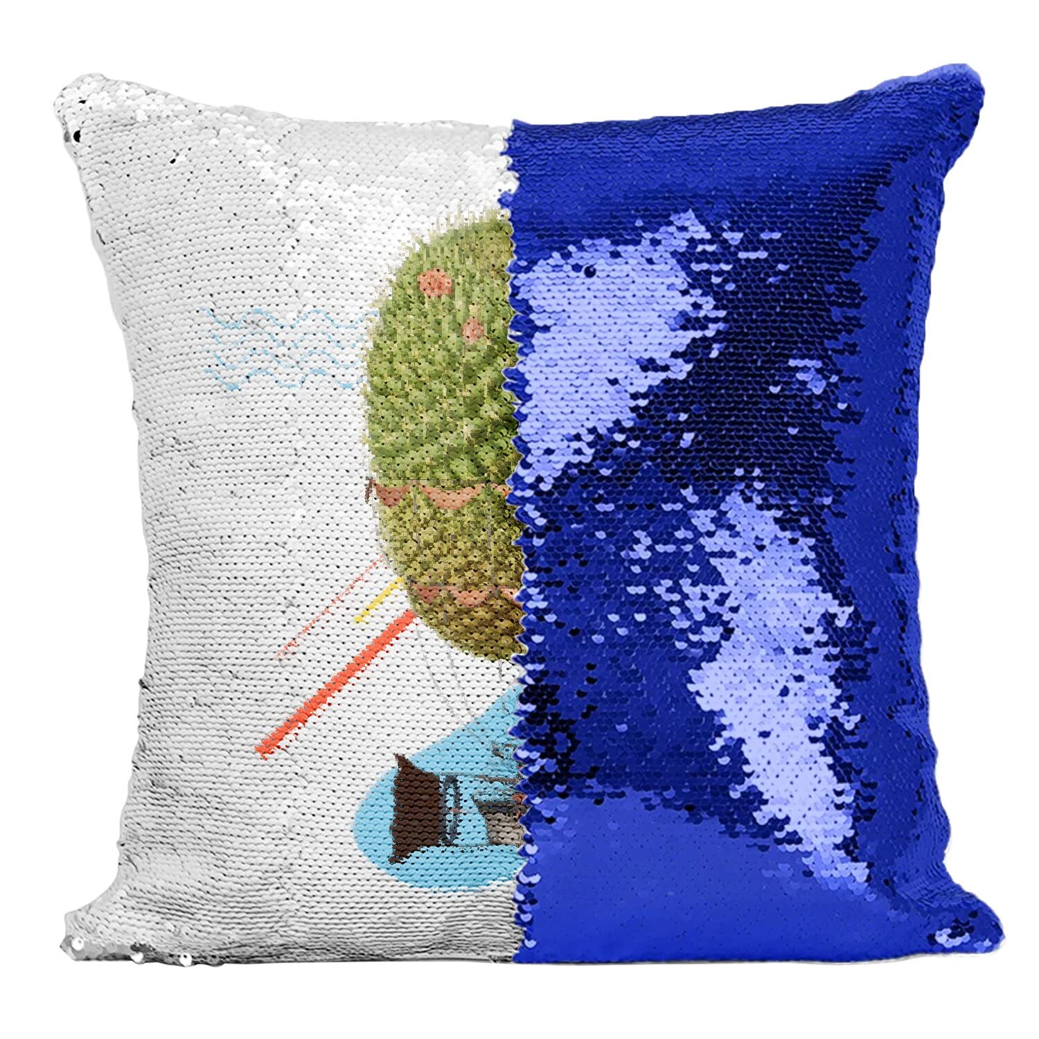 Coussin sequin bleu montgolfière cactus pour déco salon surréaliste