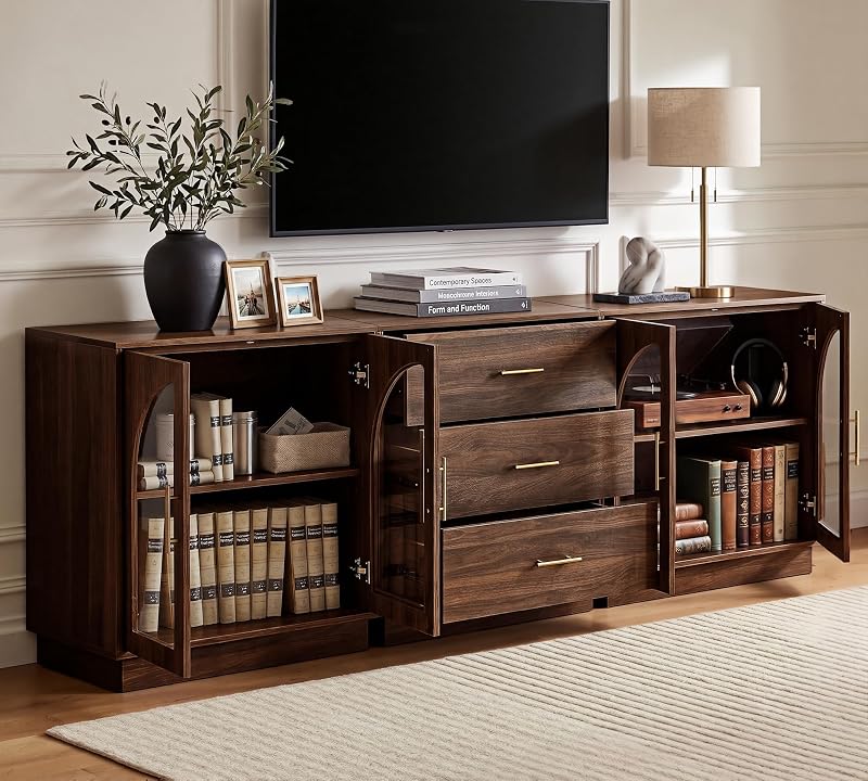 FORTUNETEC 94.4" Mid Century Modern TV Stand for 75 Inch TV,3 Pieces Walnut image 5