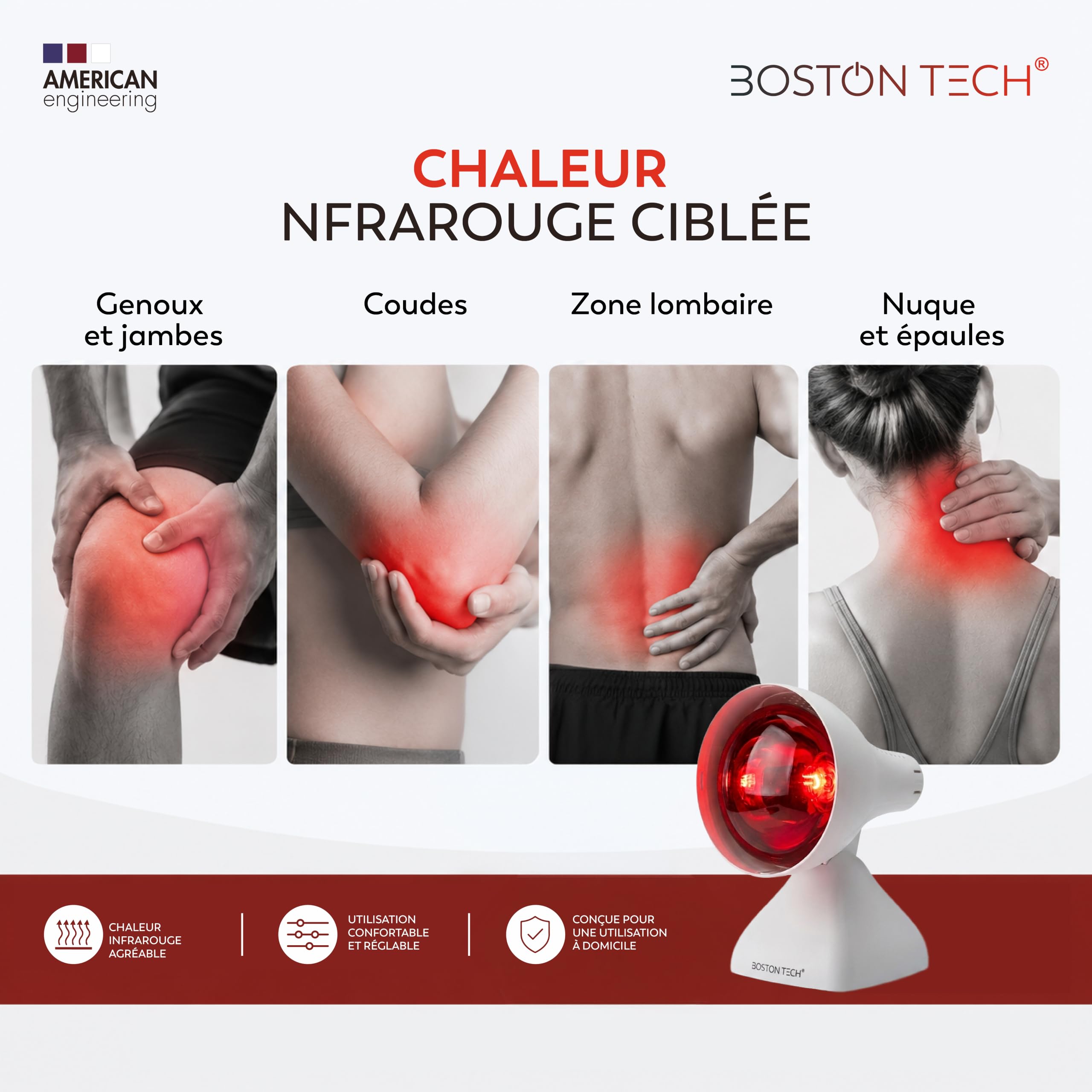 Boston Tech WE122 Lampe de physiothérapie de table infrarouge puissance 200 W soulagement des douleurs et tensions musculaires 3 niveaux d'inclinaison Minuterie et protection des yeux