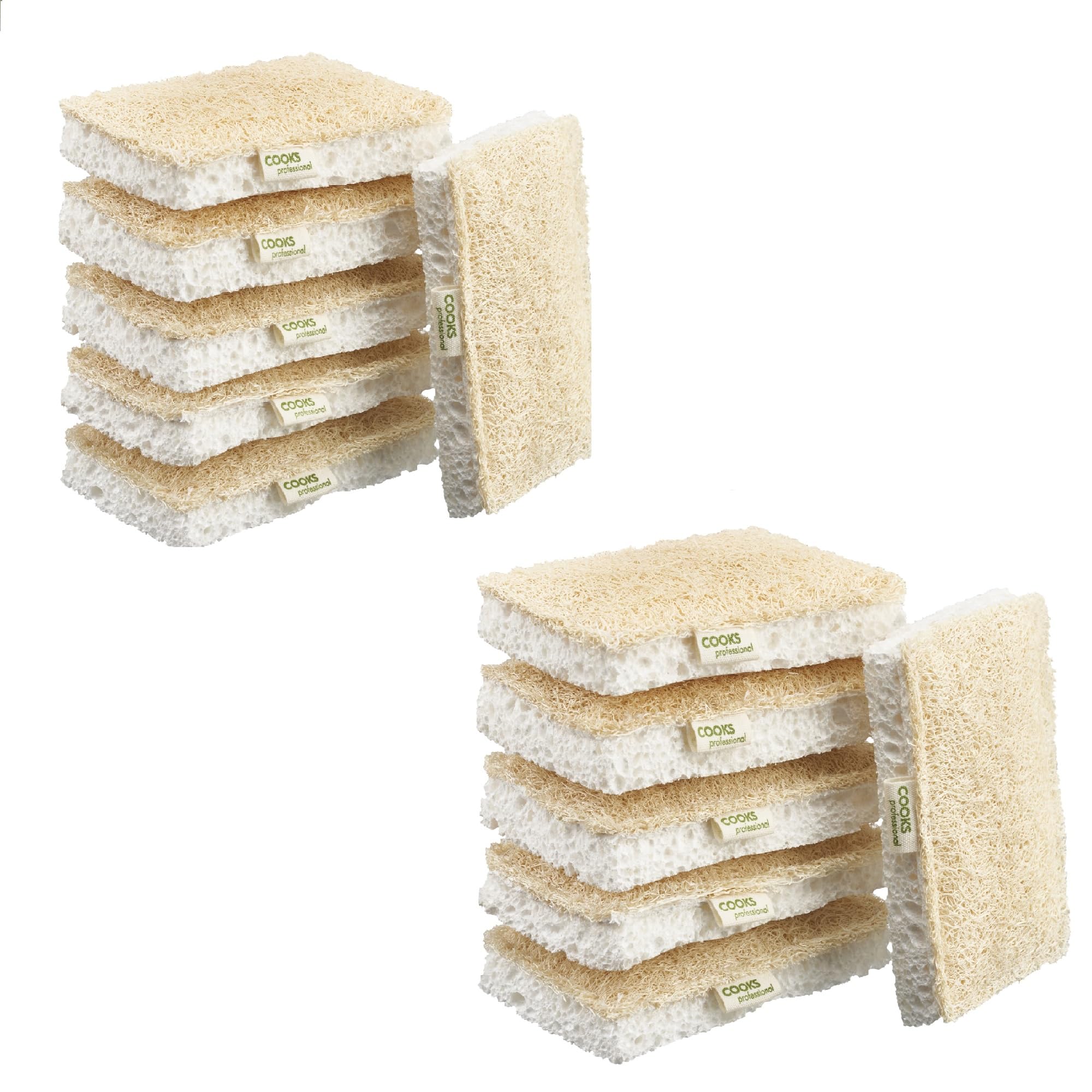 Cooks Professional Beige Set Of 12 Eco Scourer Sponges | Biodegradable & Compostable Multipurpose Cleaning Sponge For Kitchen, Bathroom, Household | 100% Natural Cellulose & Loofah | Plastic Free |