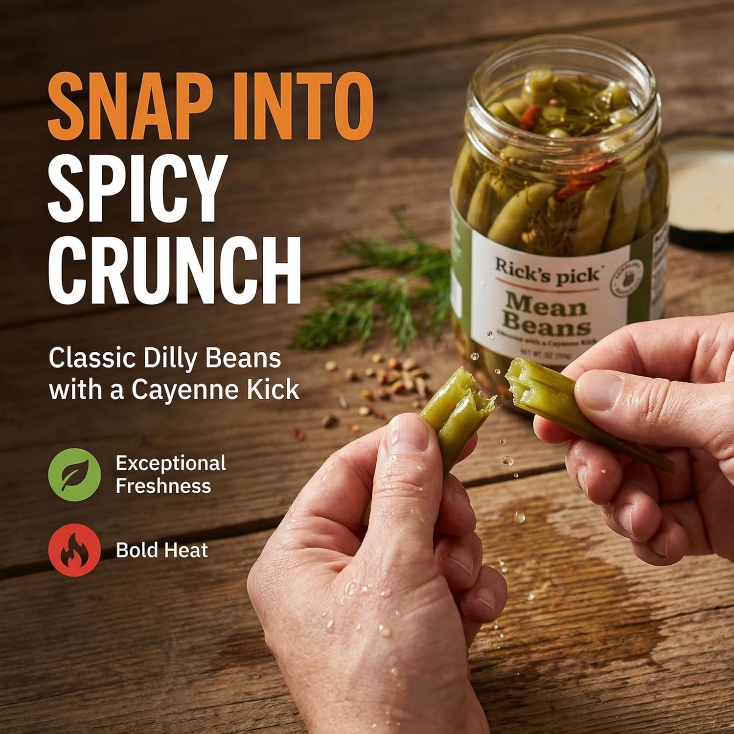 Rick's Picks Mean Beans - Spicy Pickled Green Beans in a Jar | Dilly Beans Snack, Perfect Bloody Mary Garnish, Cocktail & Charcuterie Board | Non-GMO, Gluten-Free, Low Sodium | Artisanal Since 2004 (6 Jars)