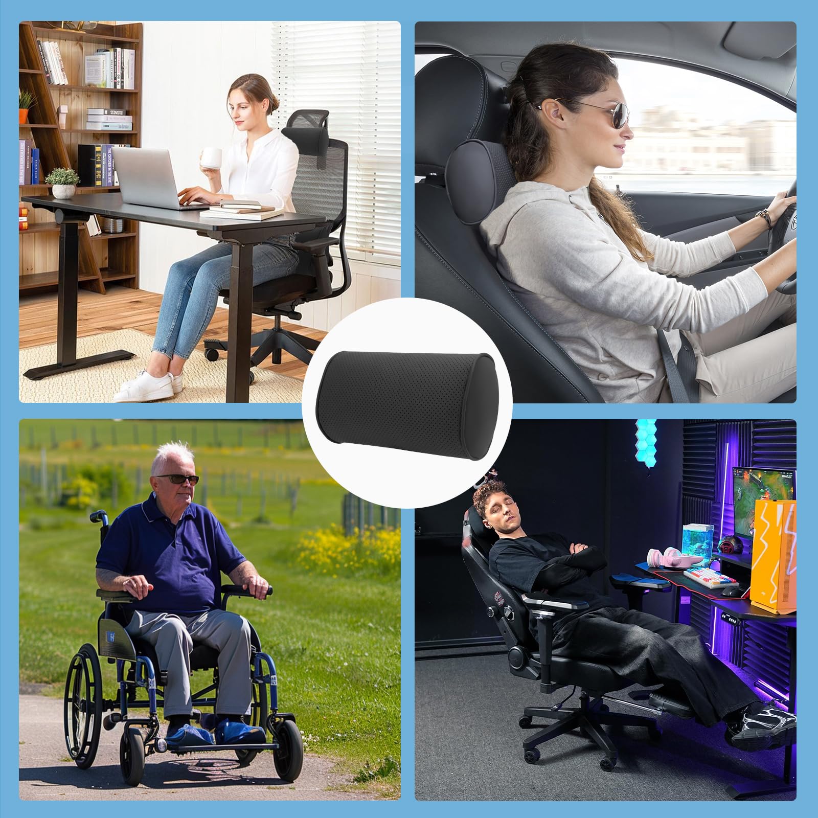 Coussins Appuie Tête Voiture, Support de Nuque D'appuie Repose-Tête Cervical Oreillers de Cou avec Cuir Mousse à Mémoire pour Le Siège d'Auto Conduite Passager Voyage, Noir, 2 Pièces