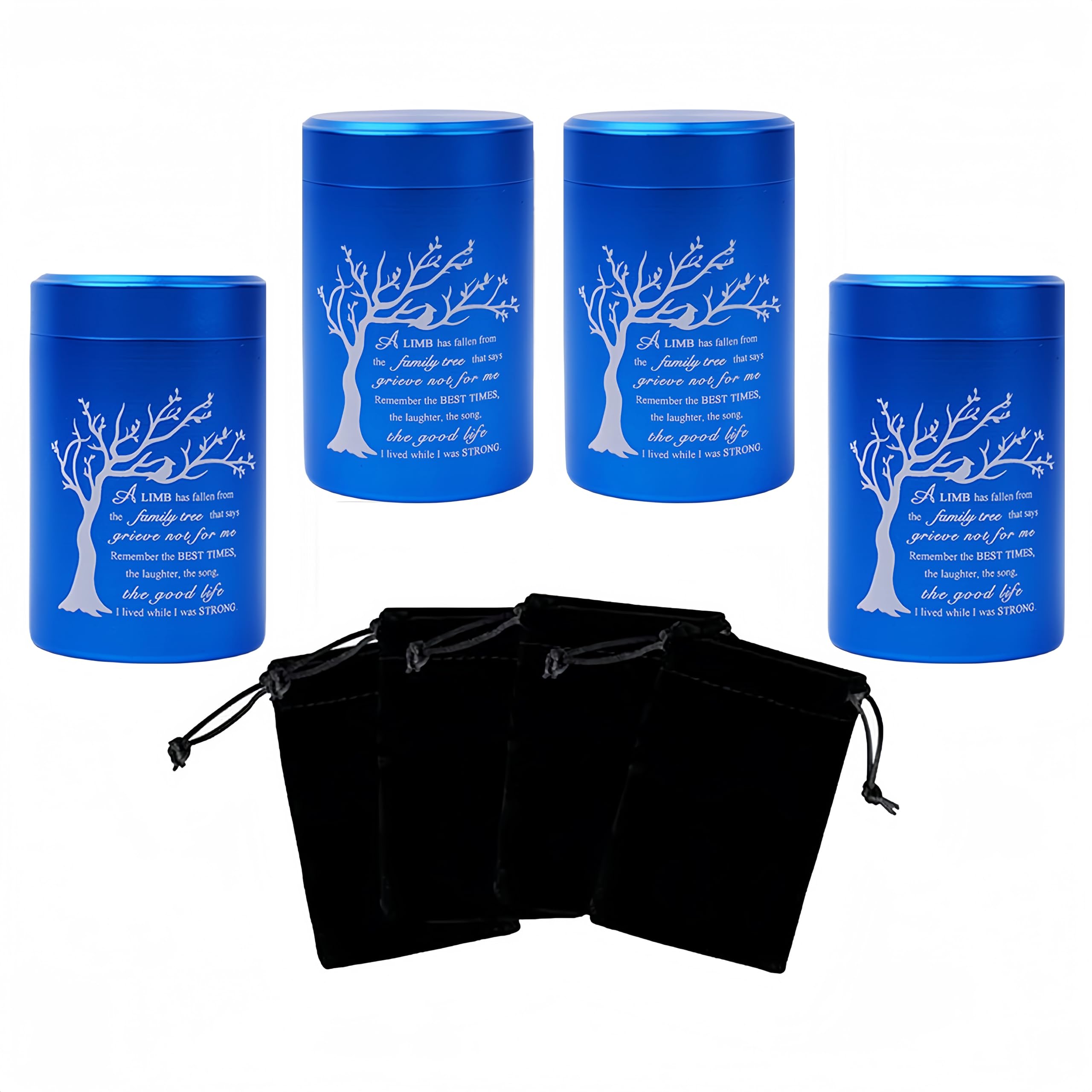 DAIFFUNE Small Urns for Ashes - Set of 4，2.7 inch Aluminium Mini Urns, Cremation Urns for Human/Pet Ashes, Ashes Holder, Small Keepsake urns-A Limb has Fallen from The Family Tree, Blue