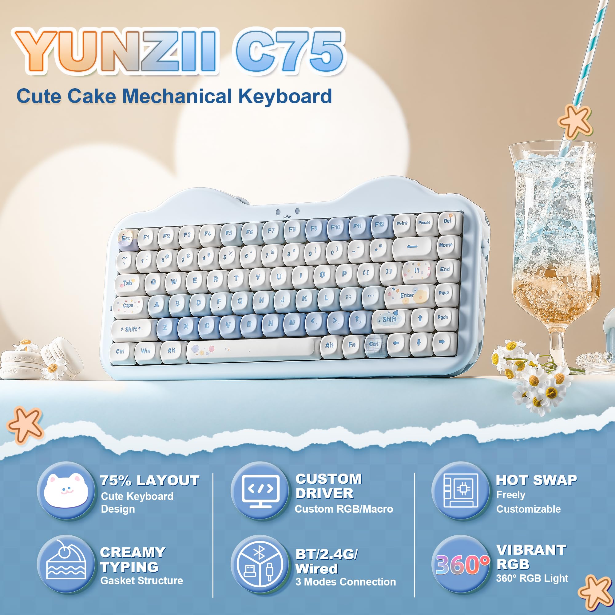 YUNZII C75 Tastiera Meccanica Wireless Gaming, 75% Compatto, Bluetooth/2.4G/USB-C, Hot-Swap, Retroilluminazione RGB, Gasket Mount, NKRO QWERTY Design Dolce per PC/Mac (Blu, Milk V2 Linear Switch)