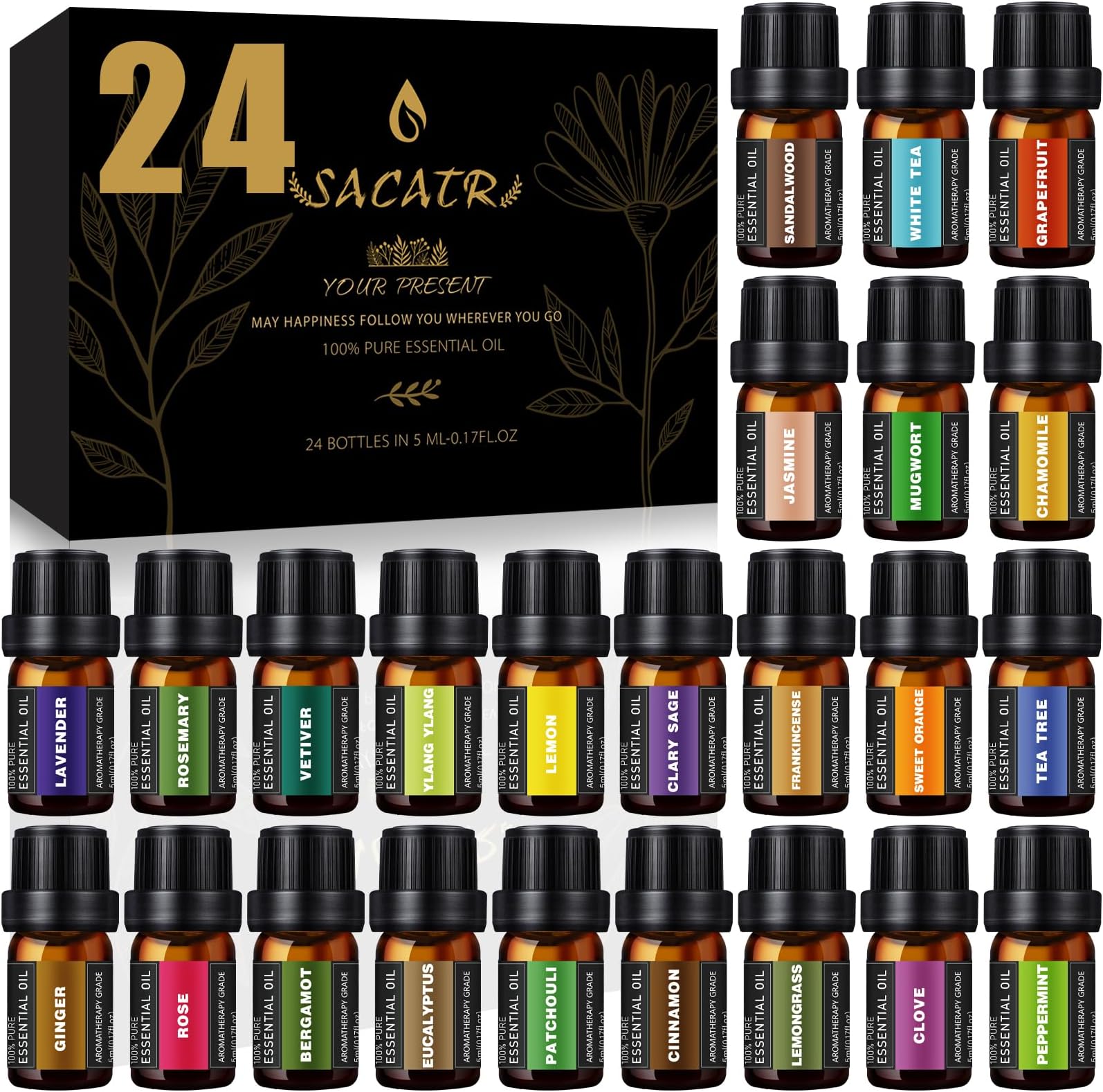 24 Pcs Essential Oil Set - Natural Essential Oils - Perfect for Diffuser, Humidifiers, Skin Care, Massage, Fragrance Oil Scent for DIY Candle and Soap Making (24 * 5ml)