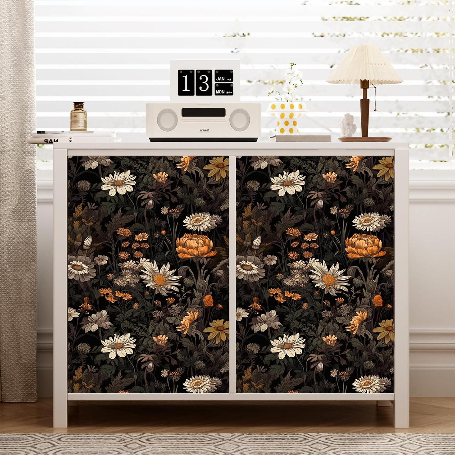 Black Floral Peel and Stick Wallpaper, Vintage Dark Botanical Contact Paper, Gold Daisy Self Adhesive Vinyl Wall Paper Waterproof&Removable Renter Friendly Wallpaper for Bedroom Cabinet 17.5"x 394"