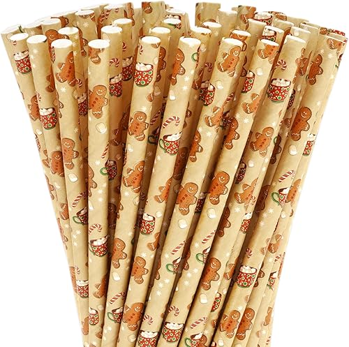 AnyDesign - 200 popotes de Navidad, pajitas de papel desechables de hombre de jengibre, color marrón, para decoración de bebidas y cócteles
