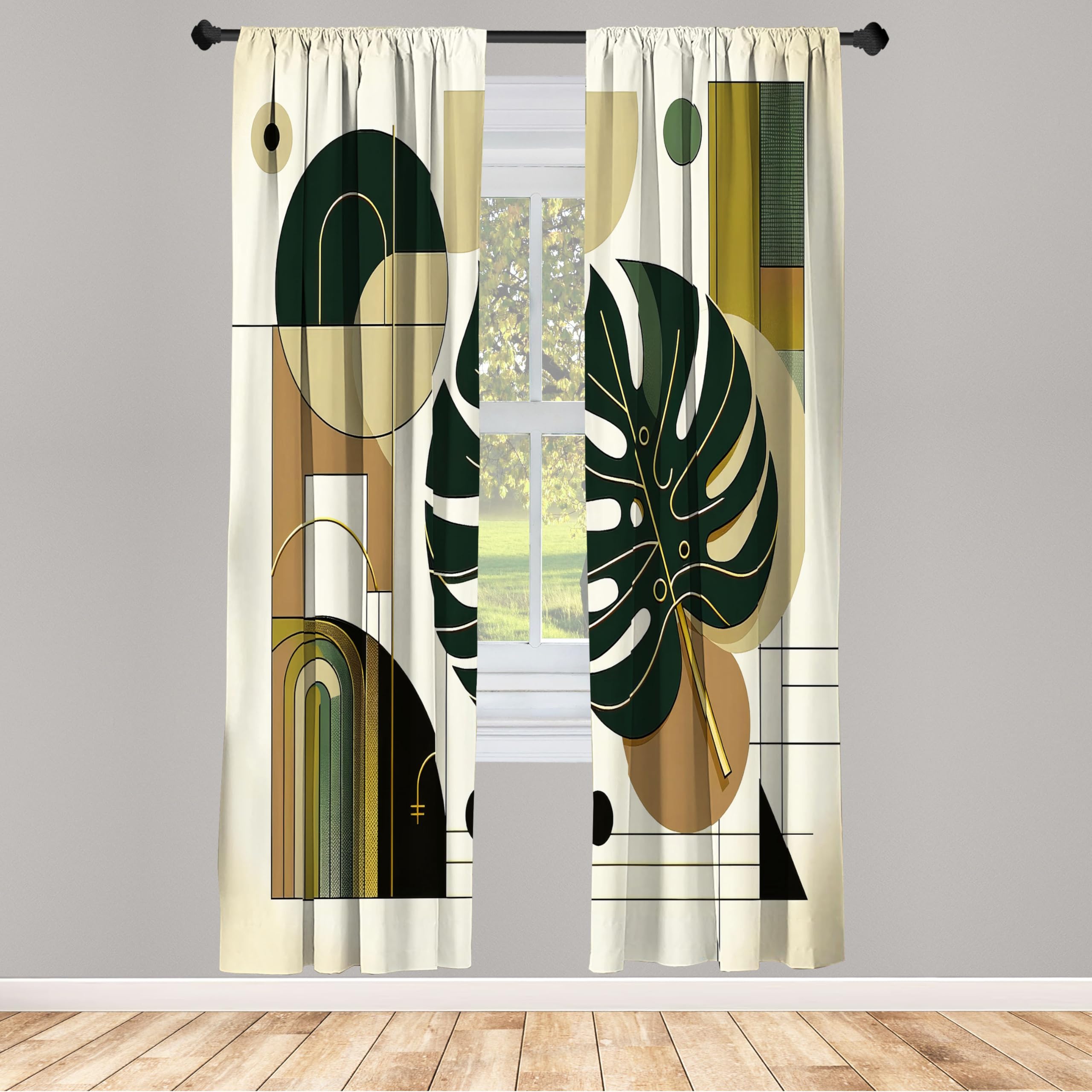 ABAKUHAUS Modern Window Curtains Pack of 2, Monstera Leaf with Mid Century Boho Geometric Rounds Lines Minimalist