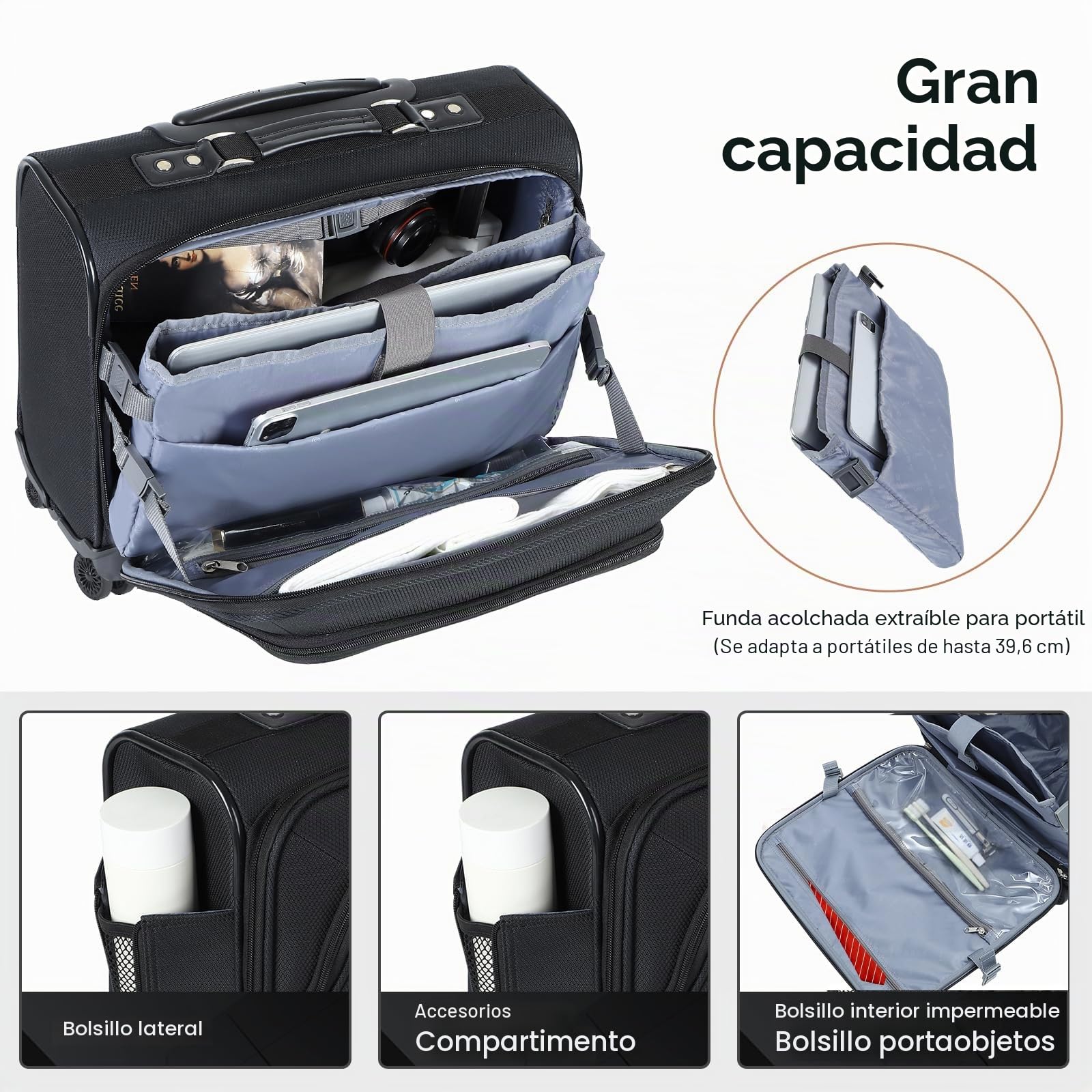 Maletín con Ruedas para Portátil, 3 Bolsas Organizadoras, Maleta de Negocios con Cerradura TSA, Bolso de Viaje Impermeable, Negro