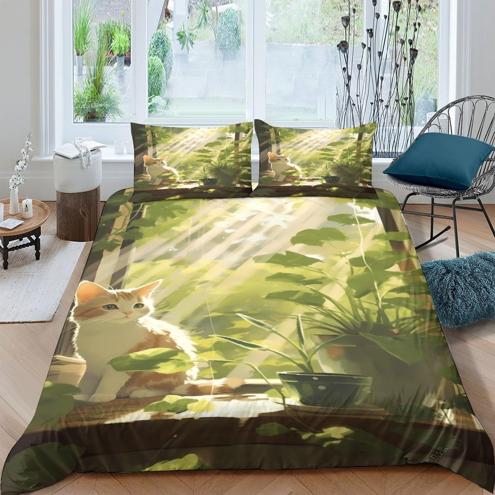 GPLZQXKJNH 3D Printed Forest Sunlight Duvet Cover Microfiber Soft Nature Green Woodland Bedding Set with 2 Pillowcases for Bedroom Single（135x200cm）
