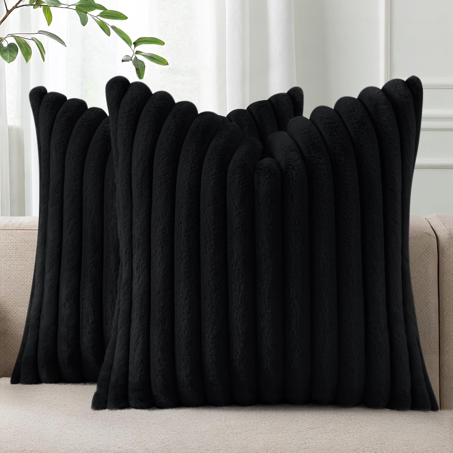 pallene faux fur plush throw pillow covers 18x18 set of 2, luxury soft fluffy striped decorative pillow covers for sofa, couch, living room, black black 18" x 18" (pack of 2)