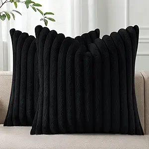 Pallene Faux Fur Plush Throw Pillow Covers 16x16 Set of 2, Luxury Soft Fluffy Striped Decorative Pillow Covers for Sofa, Couch, Living Room, Black