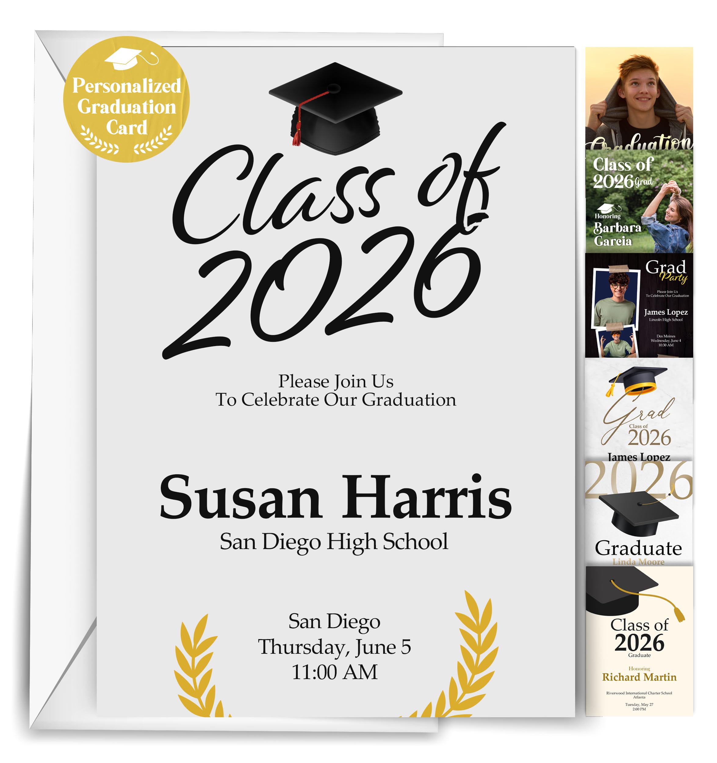 Printualist Personalized Graduation Cards - Custom 5x7 Flat Greeting Cards, Class of 2026, Set of 10-250 with White Envelopes