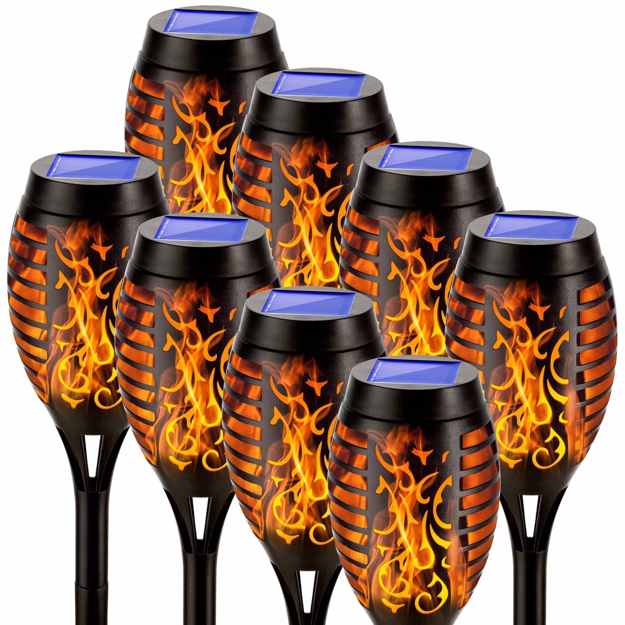 Lot de 8 troches solaires d'extérieur avec 12 flammes vacillantes, éclairage extérieur à énergie solaire pour allée, décoration solaire de jardin pour avant et arrière