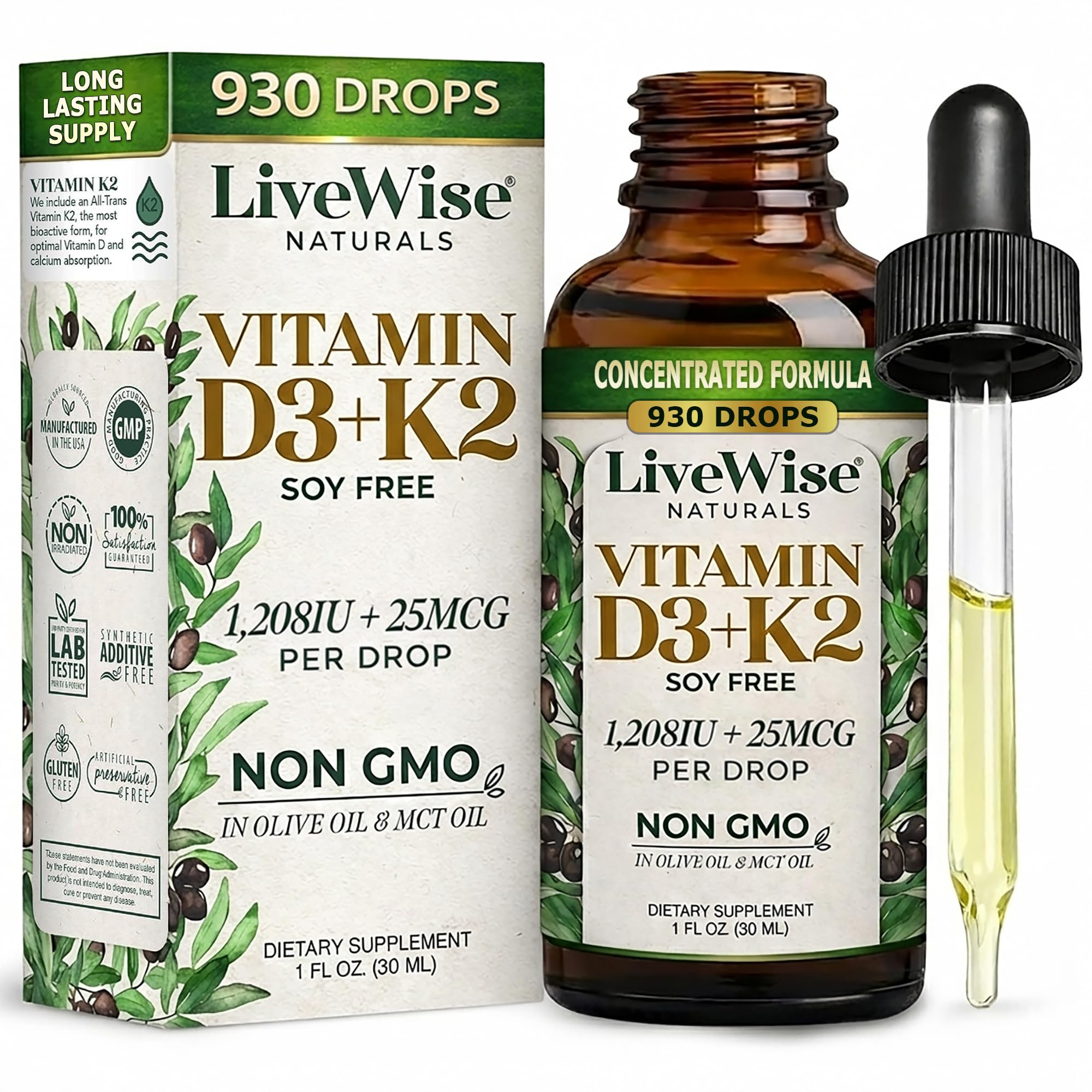 Vitamin D3 with K2 Liquid Drops, All Natural, Non GMO, 1208IU D3 and 25mcg K2 (MK7) Per Serving, Strengthen Bones, Boost Immune System and Energy Levels : No Flavor Added