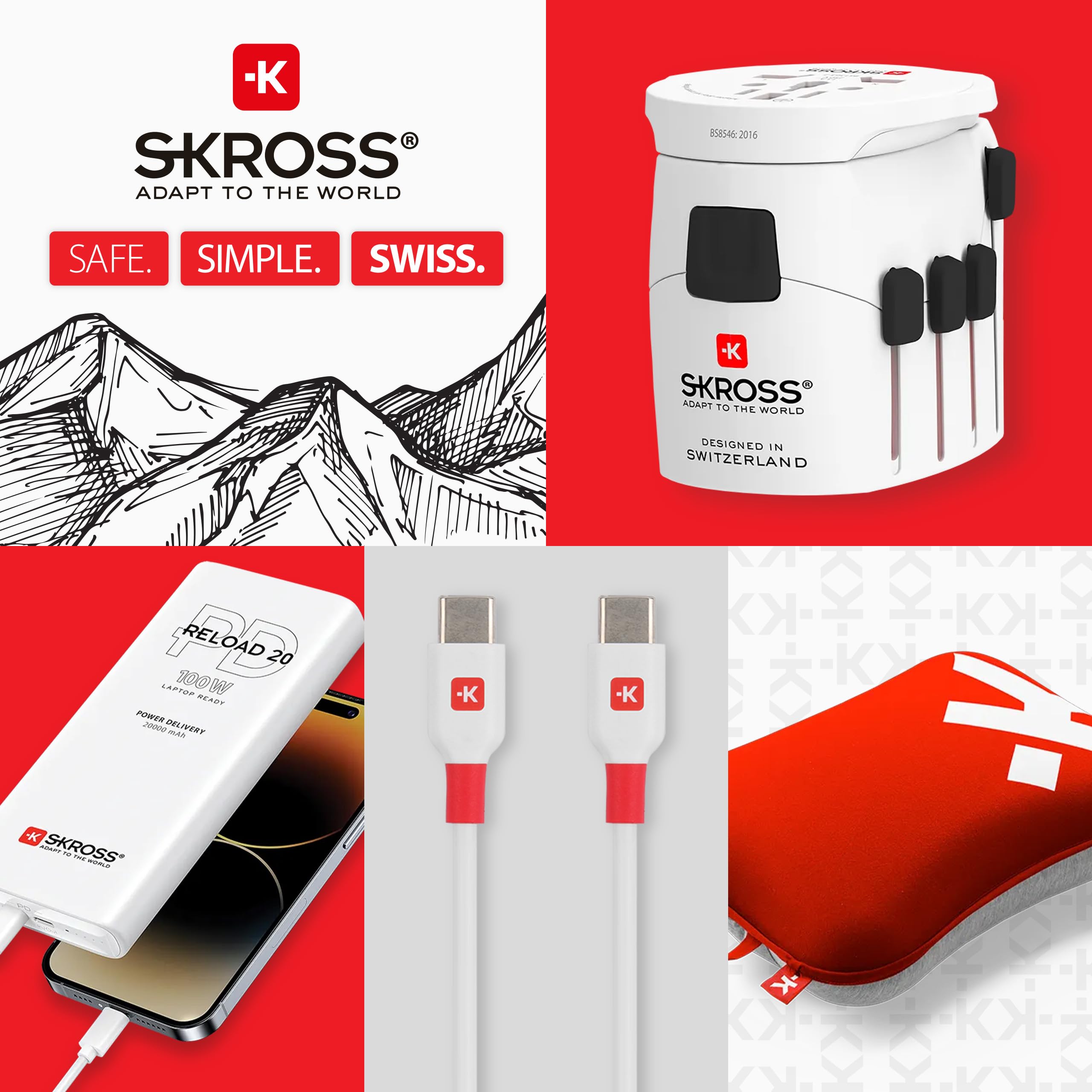 SKROSS -MUV USB AC65PD z kablem USB-C (160 cm) – 2-biegunowy uniwersalny adapter podróżny + 1 x USB C i 1 x USB 65 W – napięcie i moc: 100 V – 250 W/250 V – 625 W do laptopów, tabletów i smartfonów