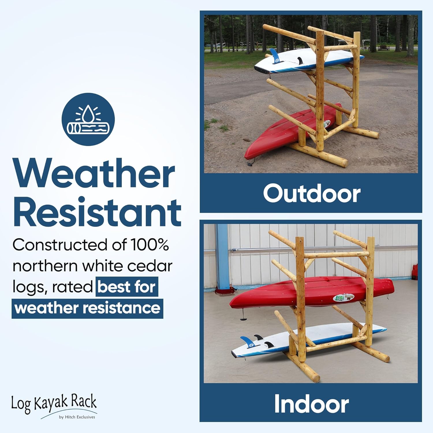 Log Kayak Rack 4-Place, One-Sided Kayak and SUP Log Racks, Surfboard Stand, Freestanding Outdoor Storage Rack, Surfboard Storage Racks, SUP Board Stand, Kayaks, Surfboards