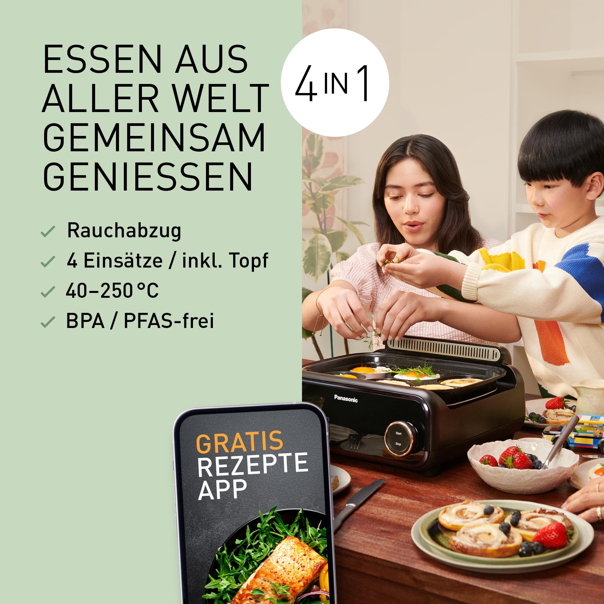Panasonic NF-GM400 4-in-1 Elektro-Multikocher, Elektro Tischgrill, Braten, Slow Cook, BBQ, Dämpfen, Sautieren, 1400W, 40–250°C, 9 Auto-Modi, 4 Antihaftplatten, Rauchabsaugung, Schwarz