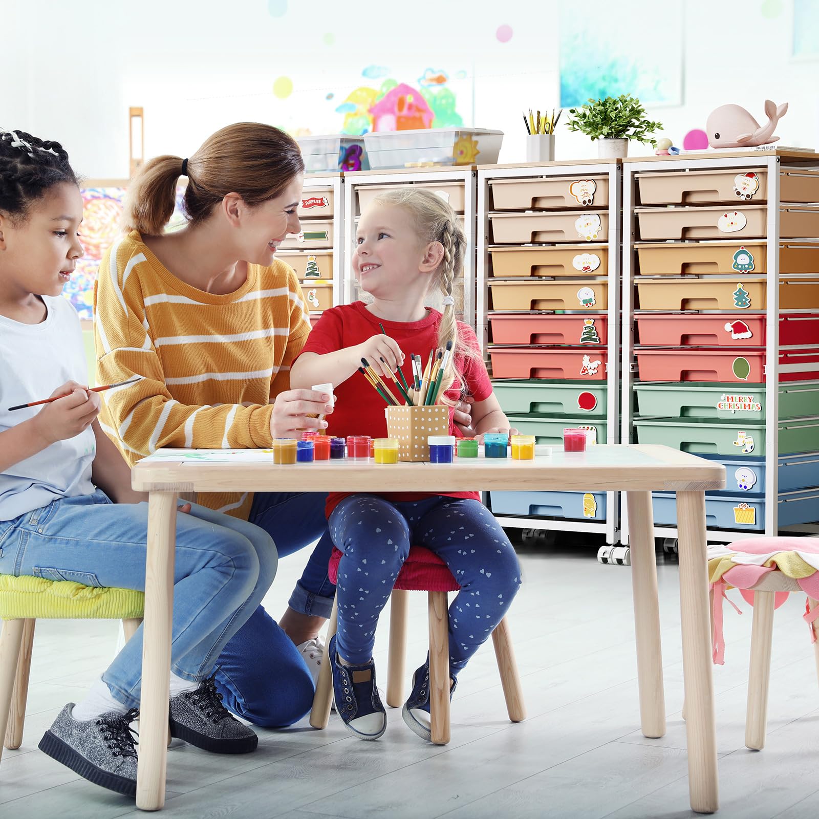 SYKIARIOL Aufbewahrungswagen mit 10 Schubladen, Kunststoff-Schubladen auf Rädern, Kunst- und Bastelwagen mit Holzplatte, Bastel-Organizer für Marker, Büro, Schlafsaal, Kinderzimmer, Regenbogen