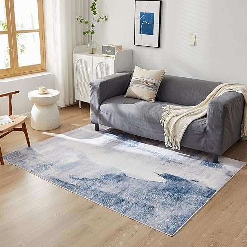 Miniatura 8 de tniops Alfombra moderna abstracta para sala de estar, azul marino y blanco, antideslizante, lavable a máquina, alfombra grande y suave, alfombra de