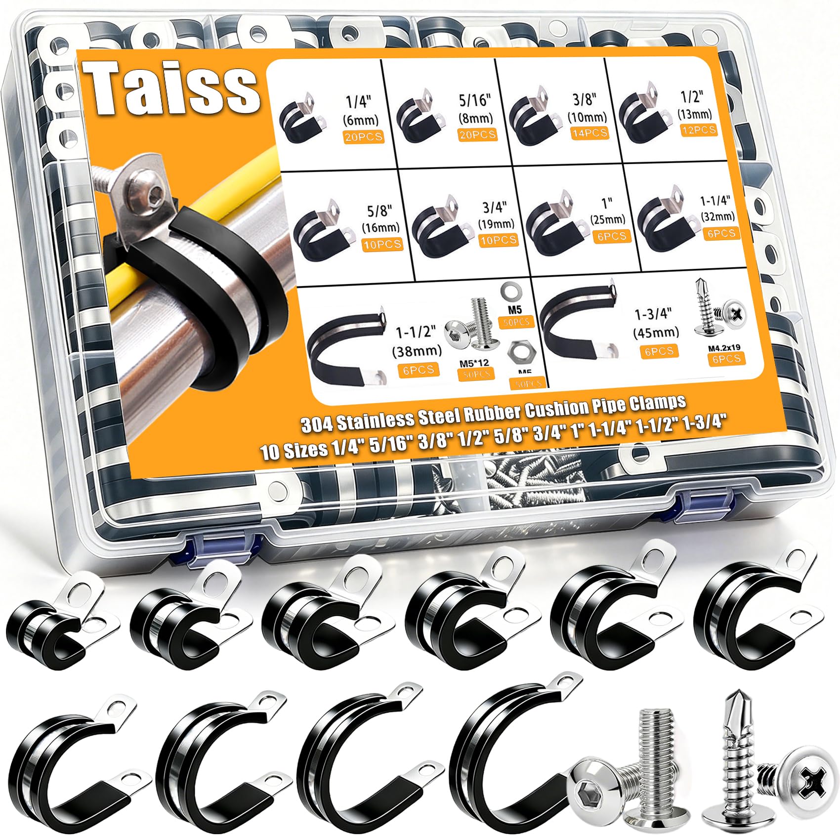 Taiss Kit di 110 morsetti per cavi, 1/4", 5/16", 3/8", 1/2", 5/8", 3/4", 1", 1-1/4", 1-1/4", 1-1/2", 1-3/4", 1-3/4", 10 misure Morsetti, 30 Kit assortito di 4 morsetti per cavi in acciaio inox con