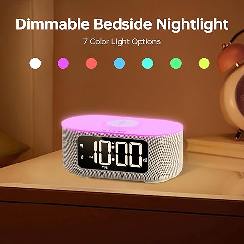Miniatura 6 de JALL Reloj despertador de tela para dormitorio, con pantalla LED grande, altavoz de sonido estéreo Bluetooth, radio FM, carga inalámbrica rápida,