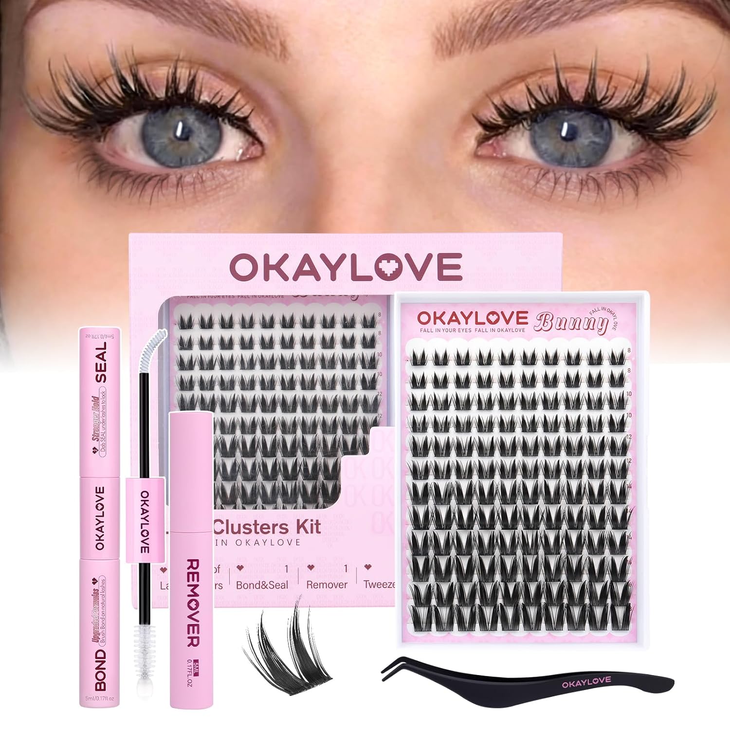 OKAYLOVE Bunny Lash Clusters Kit, 8-18mm Wipsy Lashes Cluster Eyelash Extensions Kit, 120pcs Natural Individual Lashes Clear Band Manga Eyelashes Clusters with Bond and Seal, Remover, Tweezers