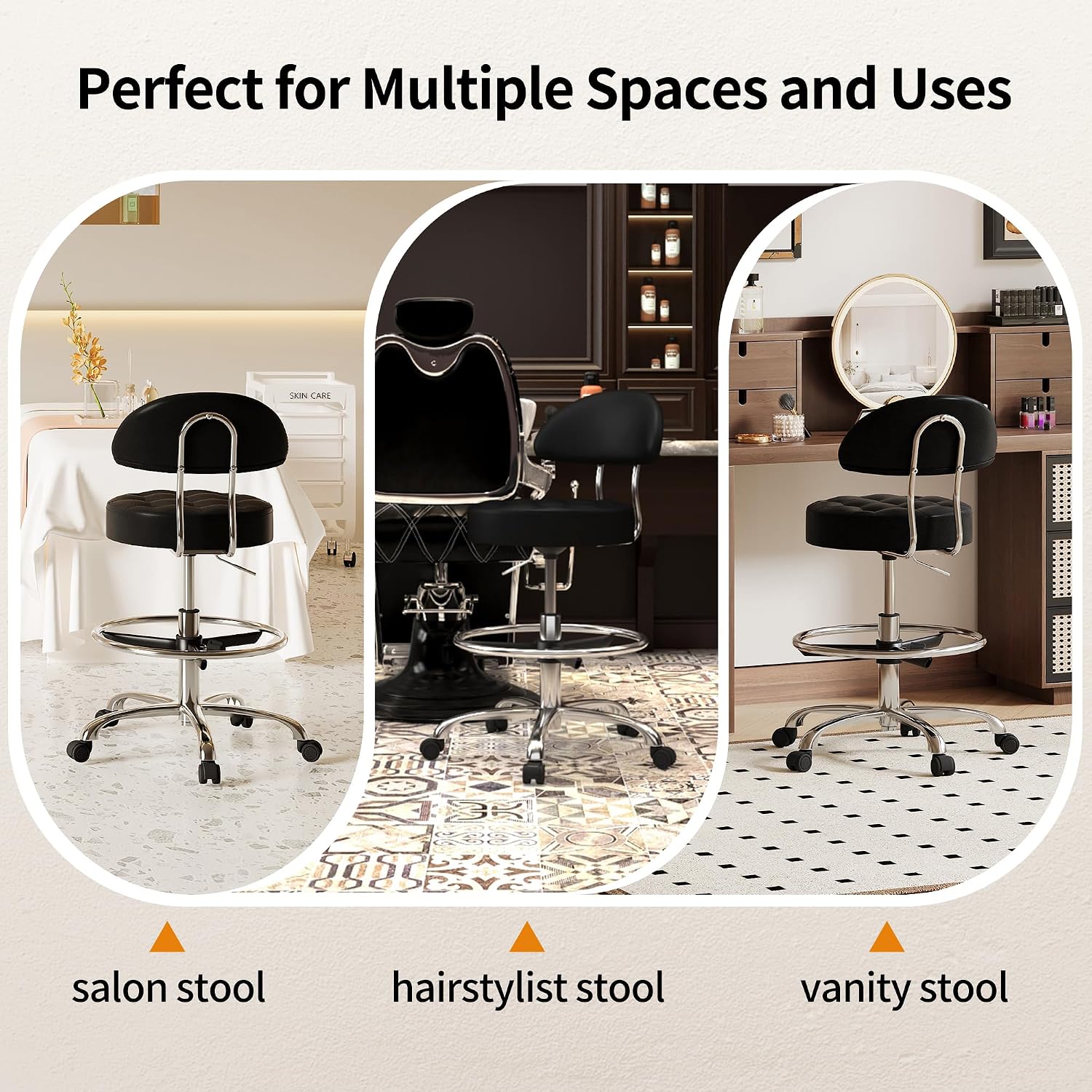 FIRAVOE Salon Stool with Back Support (Sturdy Aluminum Base) (Lash Chair with Quiet Wheels and Foot Rest) Black Leather Vanity Chair (Black)