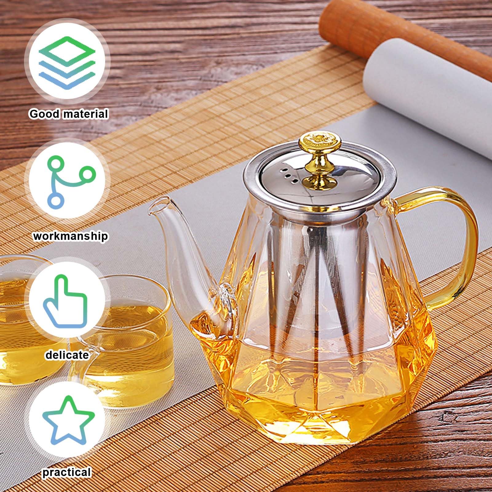 Teiera in vetro, 1 l, con filtro in vetro borosilicato, protezione contro il surriscaldamento, uova da tè per foglie sciolte, teiera, teiera in vetro per la preparazione di tè, tè ai fiori, tè alle