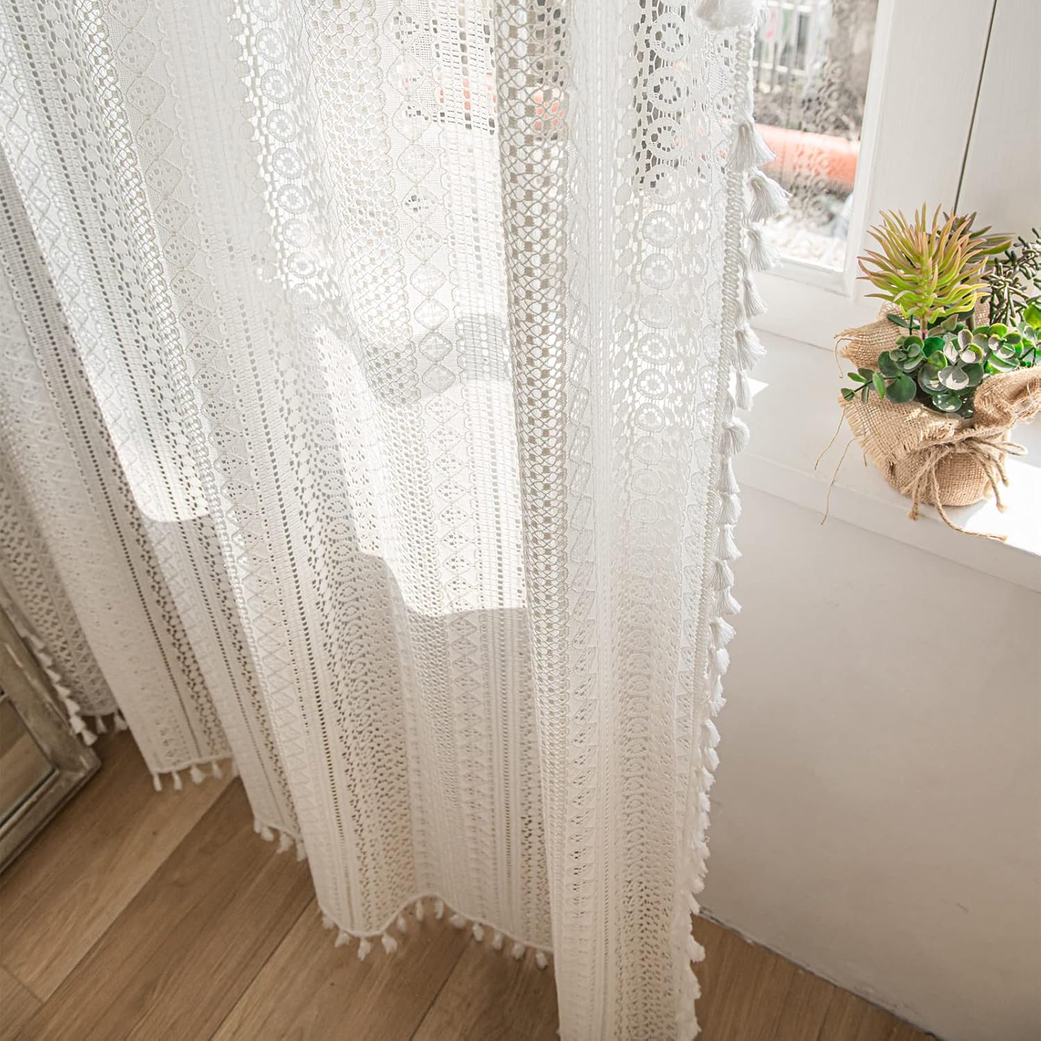 Deeprove White Boho Curtains 96 Inches Long, Sheer Crochet Lace Knitting Handmade Macrame Tassels for Bedroom Living Room, Vintage Shabby Chic Window Treatment Drape W59 x L96, 1 Panel