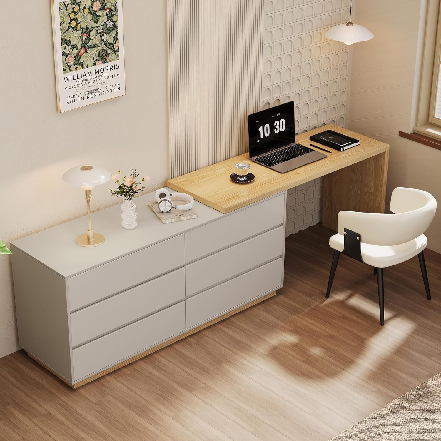 56–98.5" Expandable Modern L-Shaped Corner Desk with 6 Storage Drawers, Adjustable Computer & Vanity Table for Home Office, Bedroom, Study, Writing or Gaming, Beige