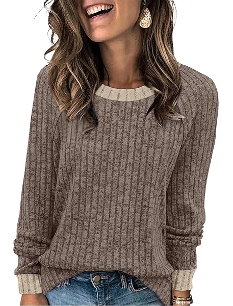 WIHOLL Long Sleeve Shirts for Women Lightweight Sweaters Fall Outfits 2025 Color Block Winter Clothing Dressy Casual Soft